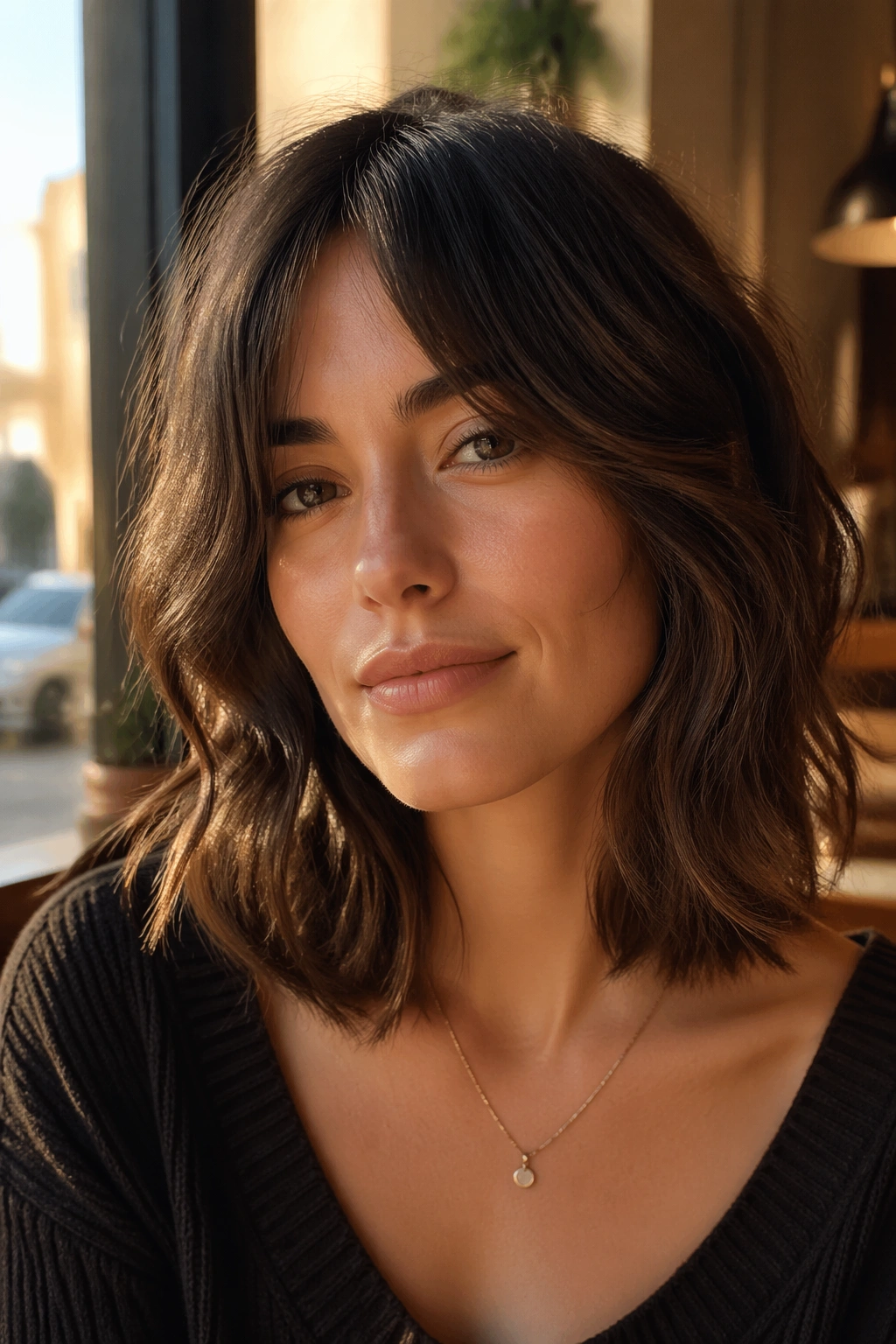 Real woman with collarbone-length shag and curtain bangs in brunette waves