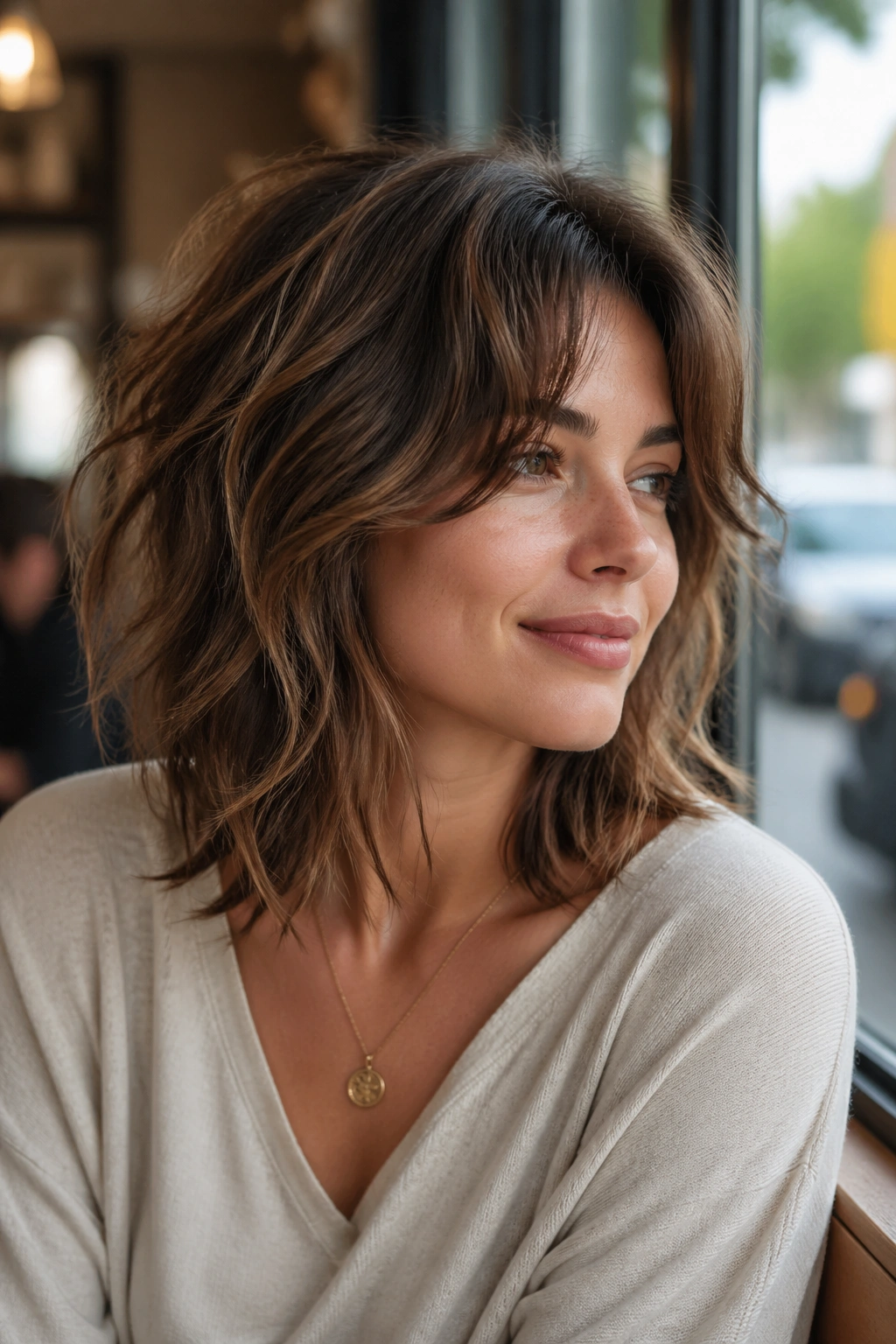 Close-up of real woman with collarbone-length shag in natural light