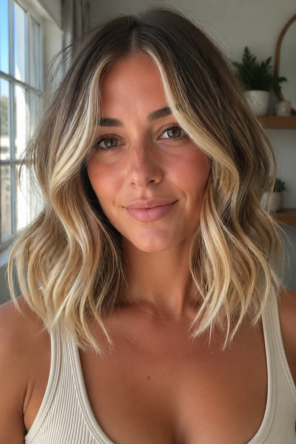 Portrait of a woman with collarbone-length waves and face-framing blonde pieces.