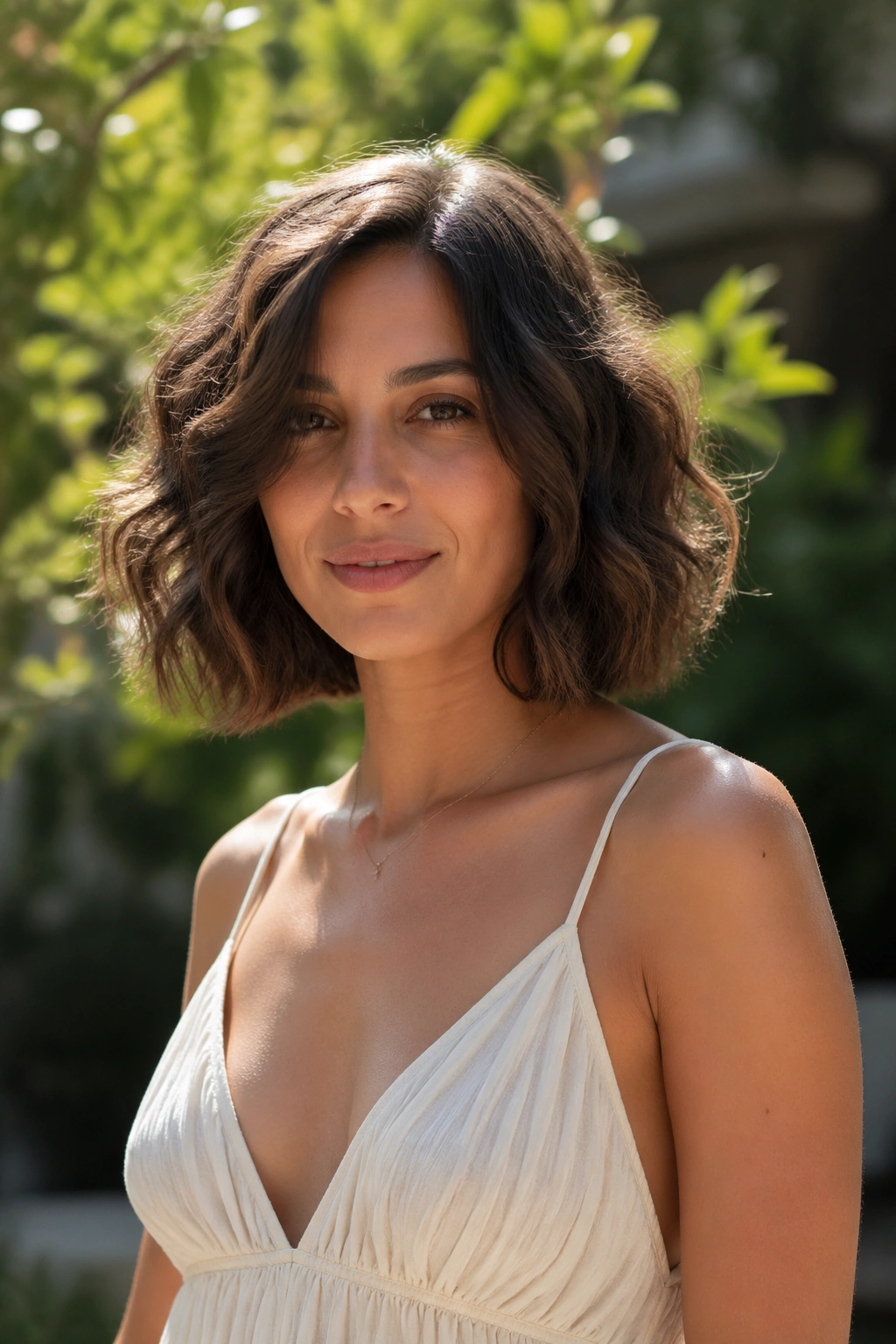 Portrait of a real woman with collarbone-length wavy bob in outdoor garden light