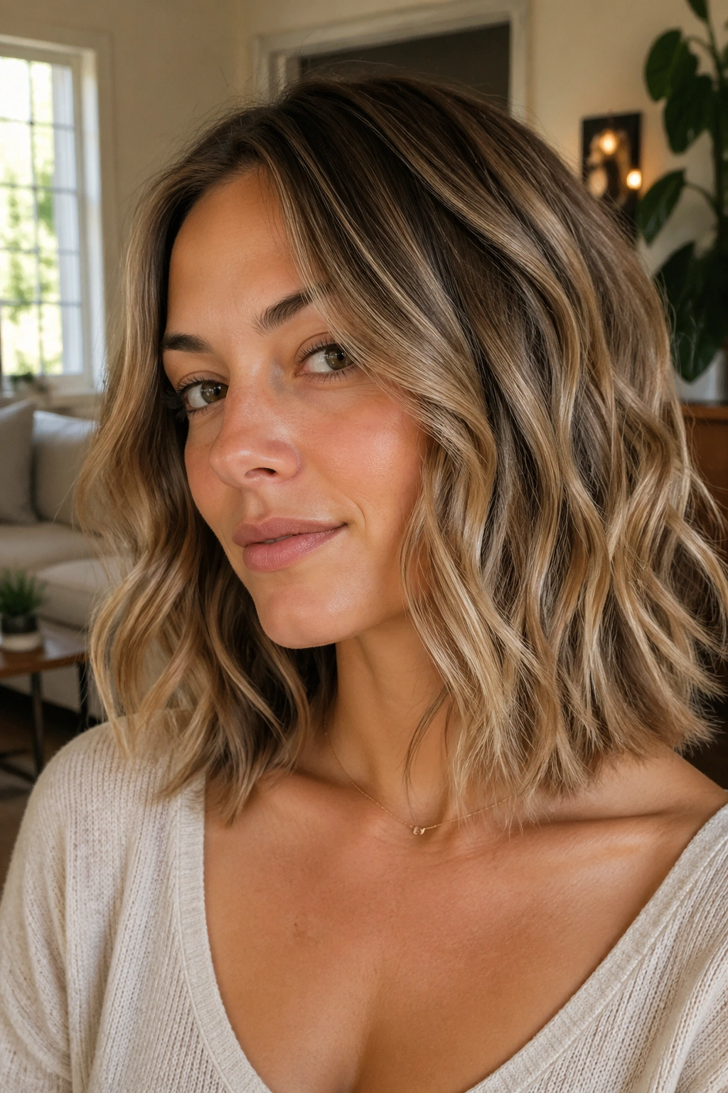 Portrait of a real woman with collarbone-length wavy lob and soft feathered ends