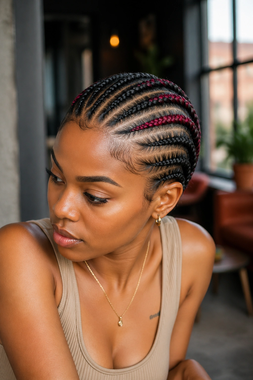 Close-up portrait of a real person with color- accented eight cornrows
