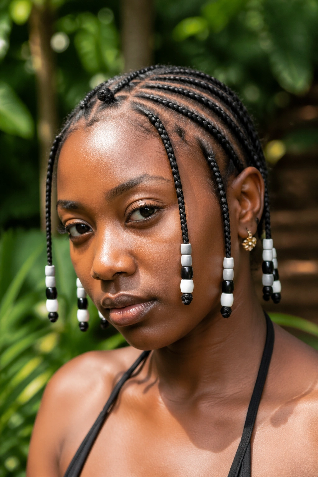 Fulani cornrows with color-blocked beads forming a banded pattern on each braid
