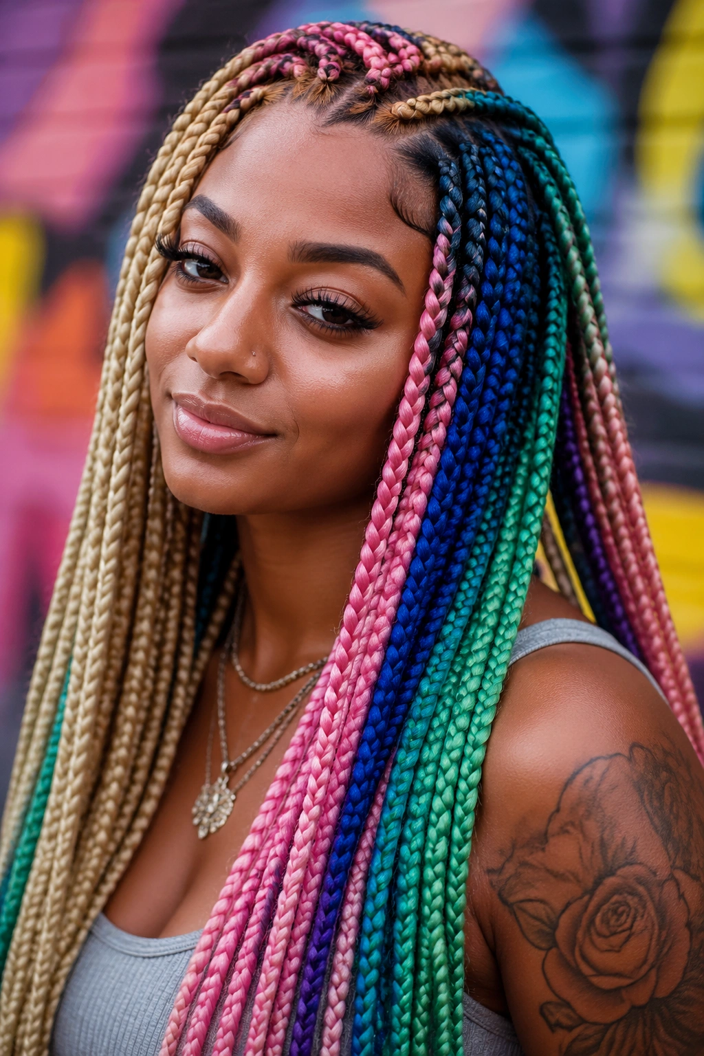 Close-up of blonde braids with color-block panels on a real person