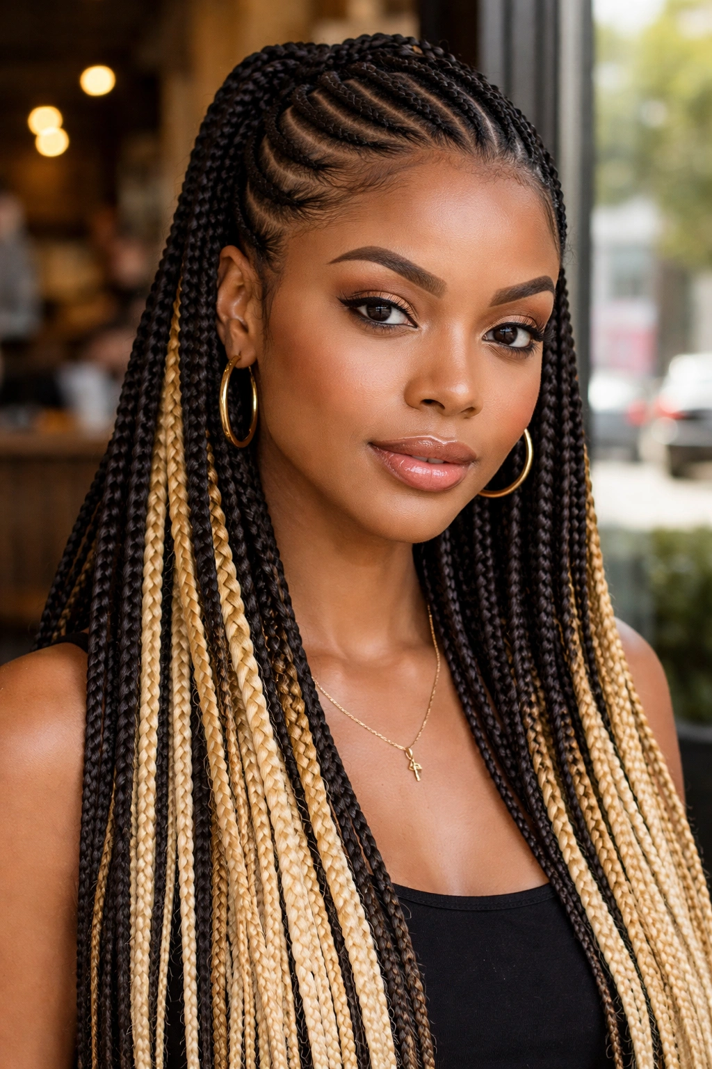 Close-up of real woman with color-block box braids under natural-colored cornrows