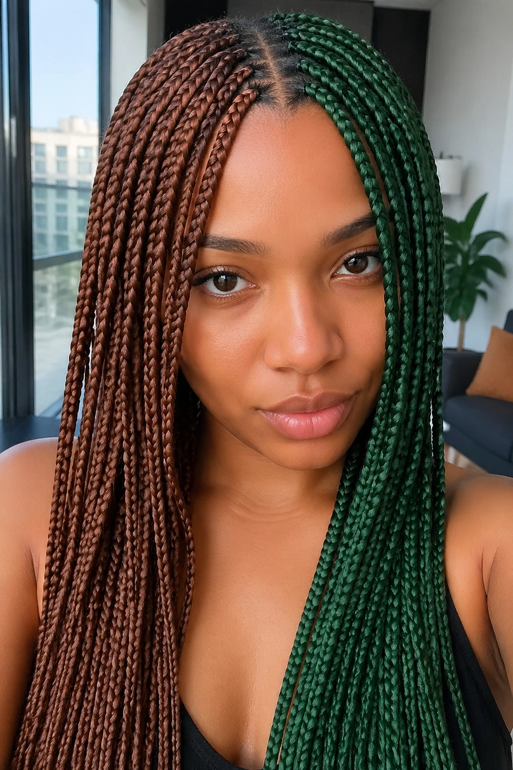 Close-up of a real person with half brown and half green color-block box braids