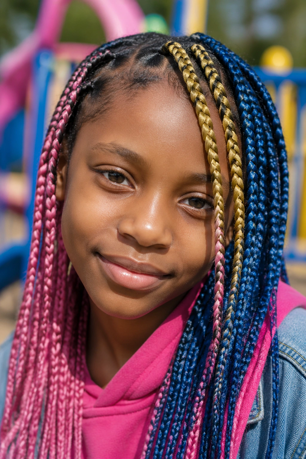 Close-up of color-block box braids on a child outdoors