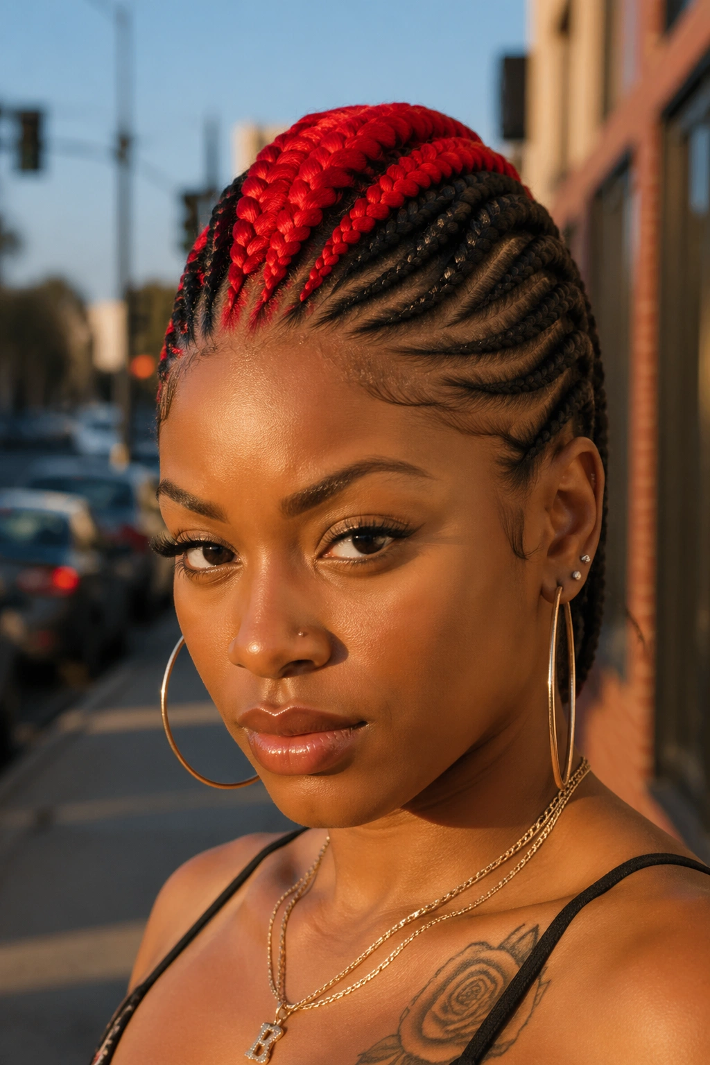 Real woman with color-block center cornrow mohawk