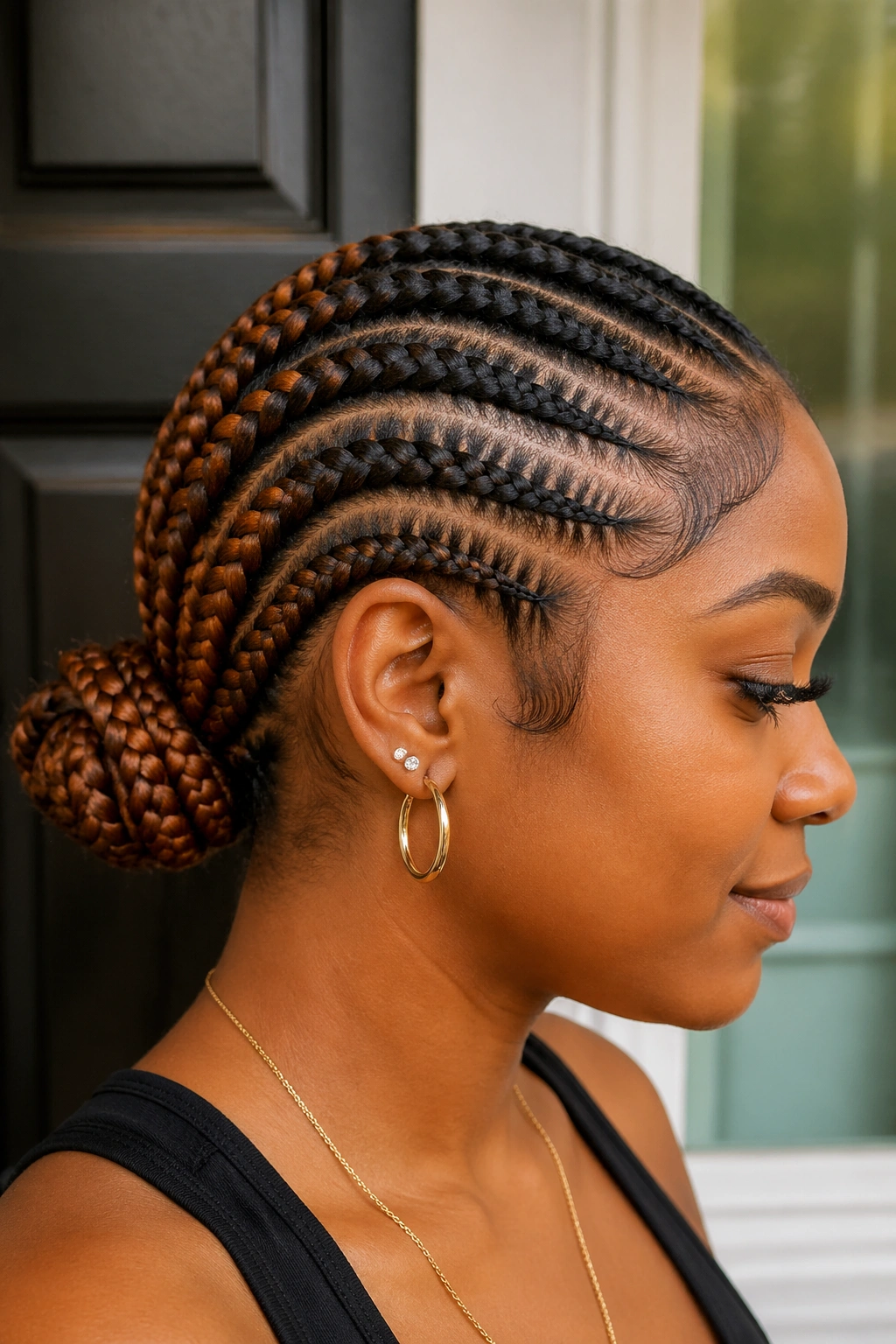 Close-up of color-block cornrows with natural and copper sections in a low bun
