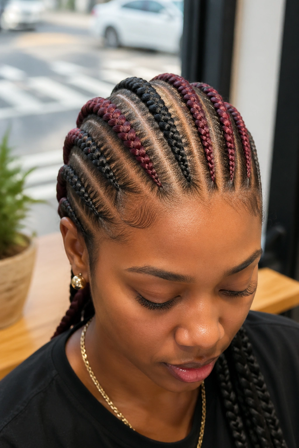Close-up of a real woman with color-block Ghana cornrows alternating colors across rows