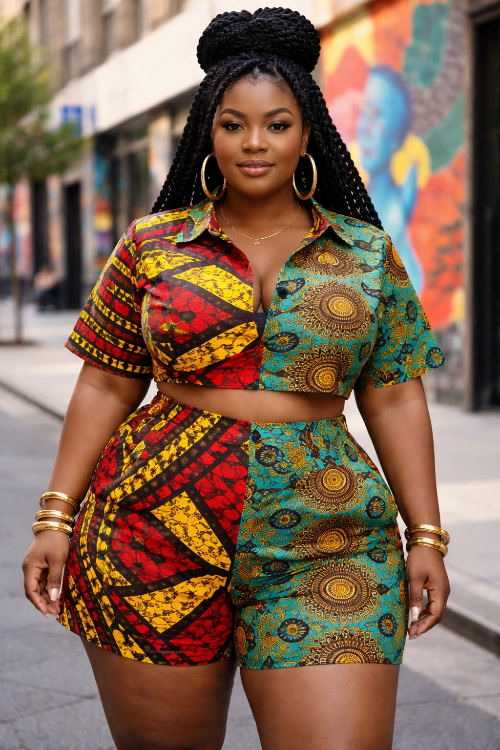 Plus-size model in color-blocked African print co-ord
