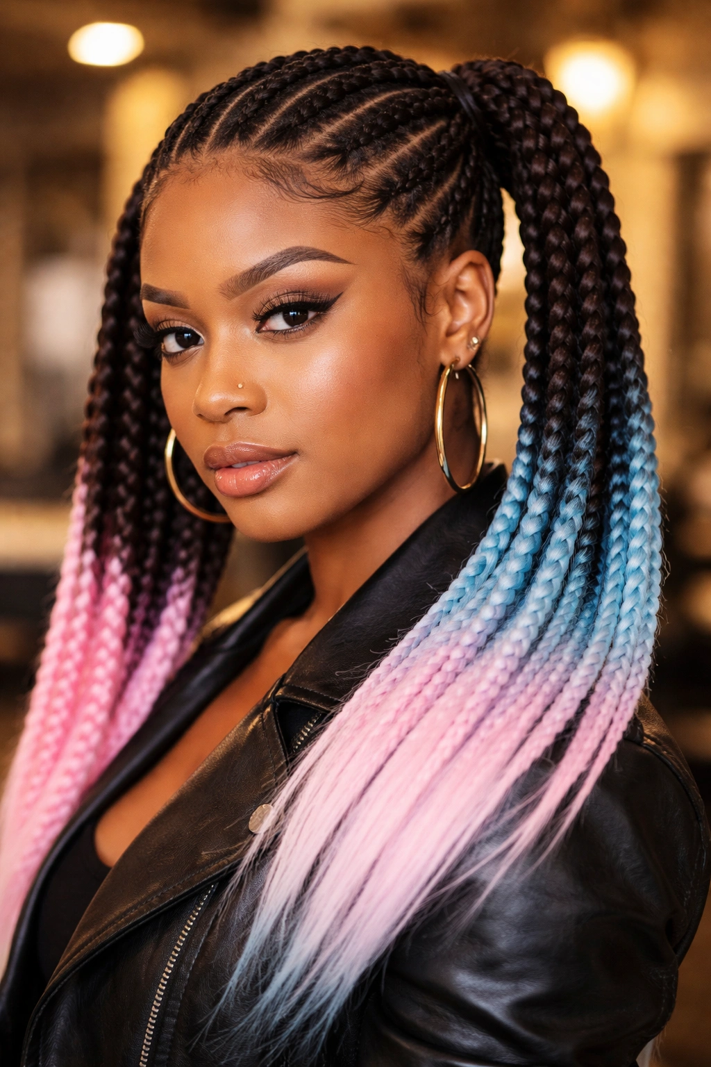 Close-up of a real woman with natural cornrows and color-blocked synthetic pigtails