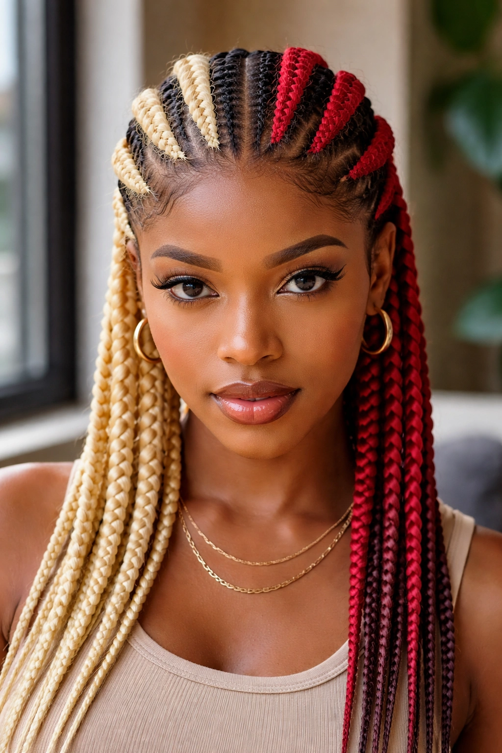 Close-up of six cornrows with color-blocked sections on a real person