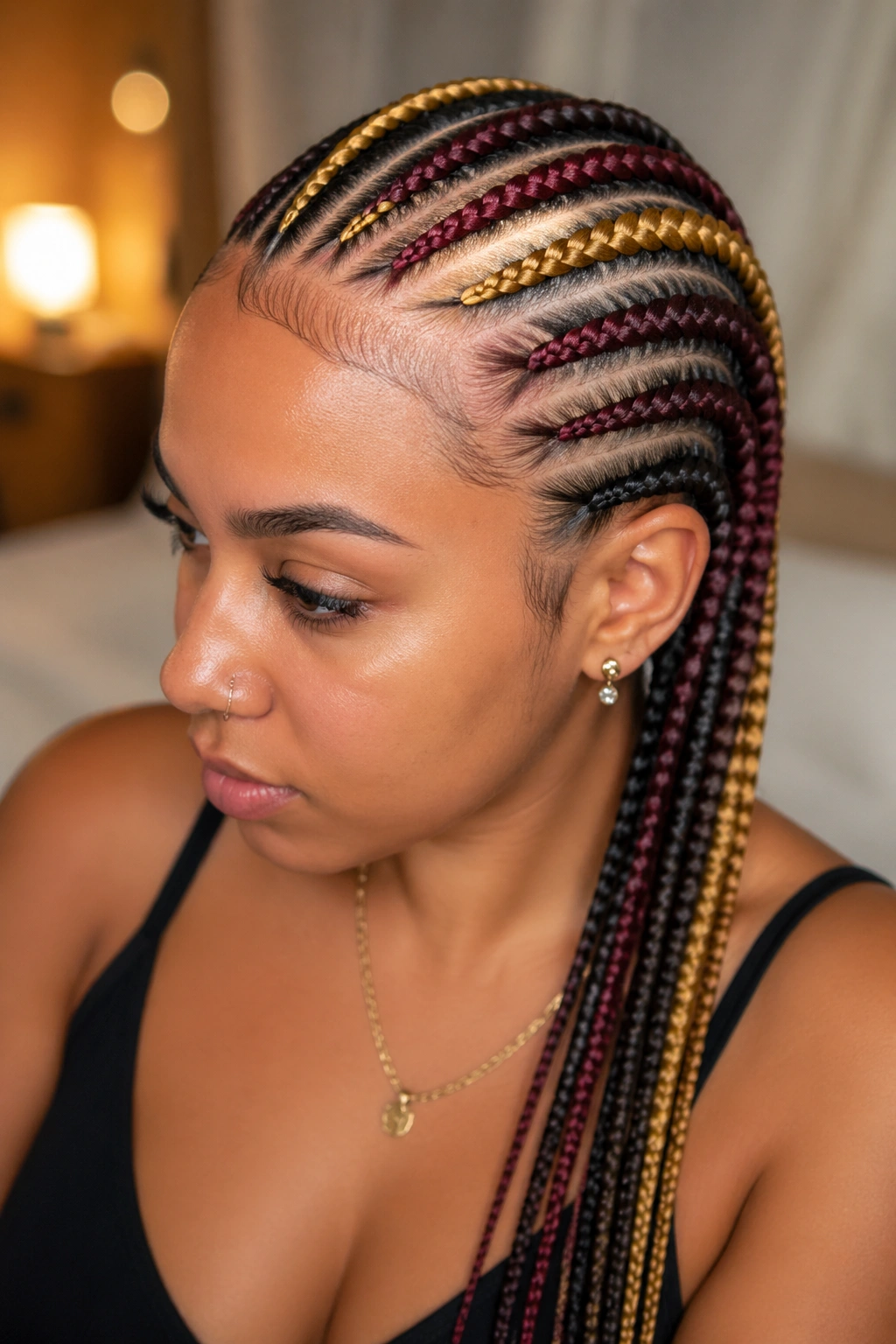 Close-up of a real person with twenty cornrows showing color-blocked sections in burgundy and gold