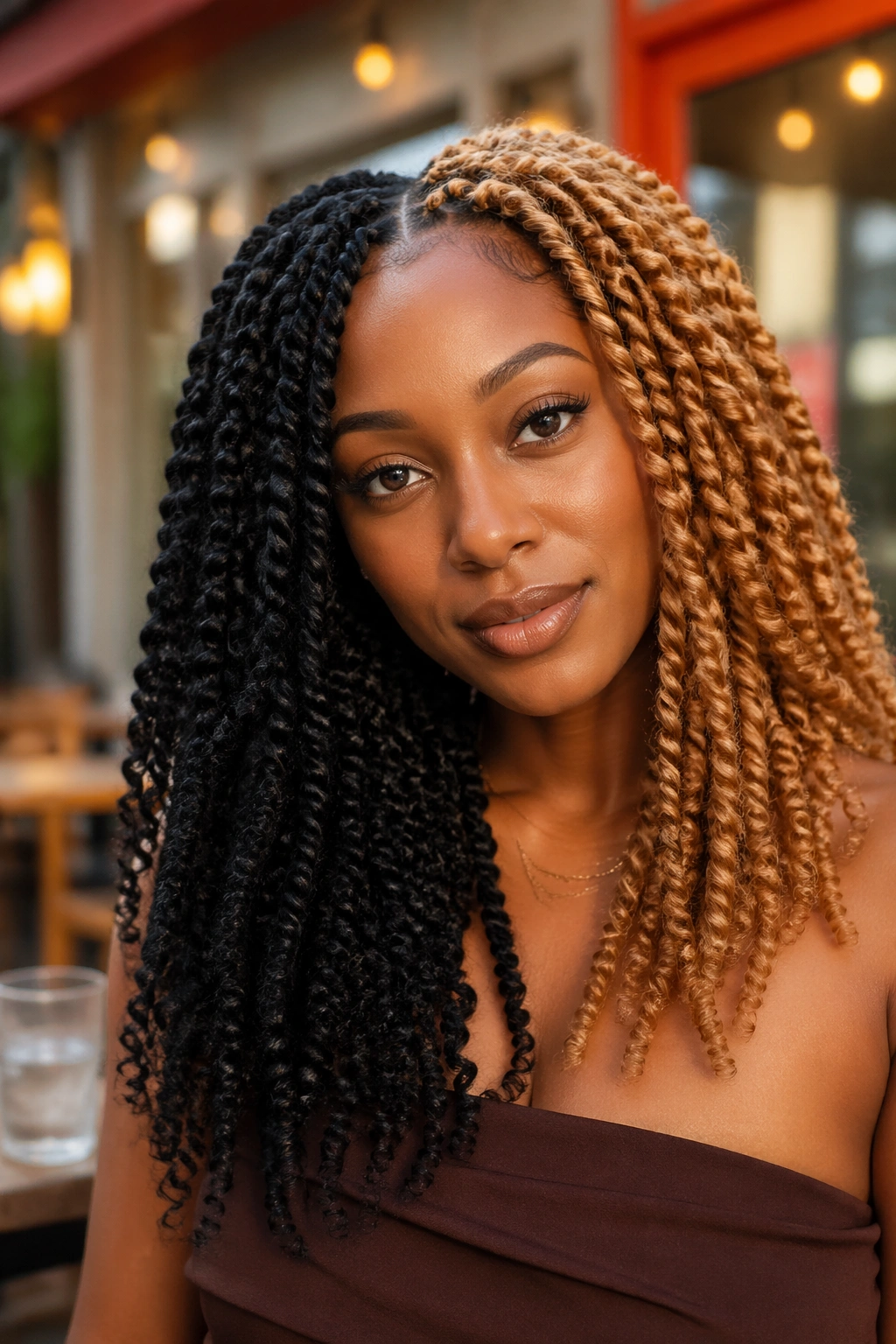 Medium close-up of color-blocked crochet kinky twists on a real woman's head