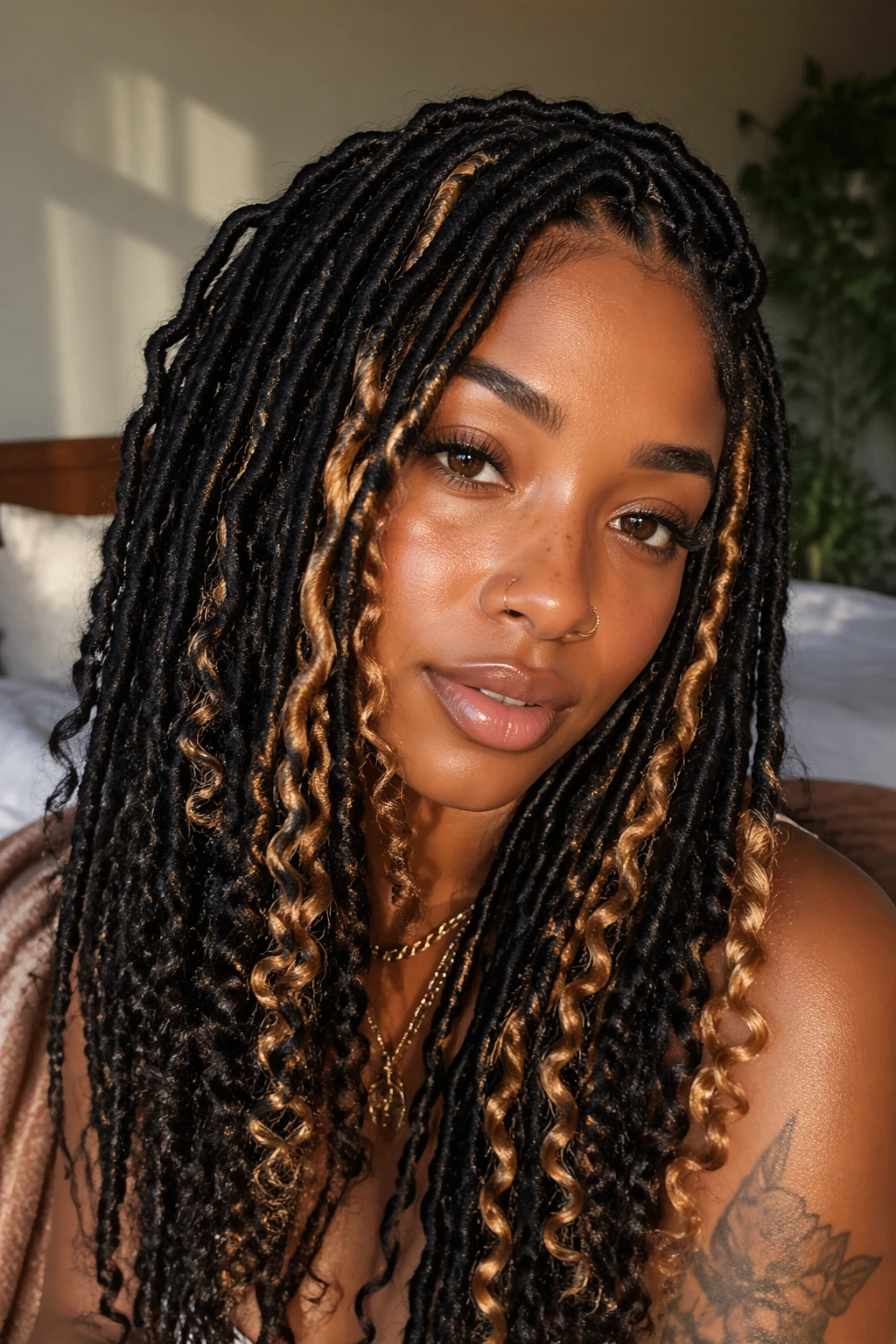 Close-up of a real woman with color-blocked curly faux locs featuring caramel front panel.