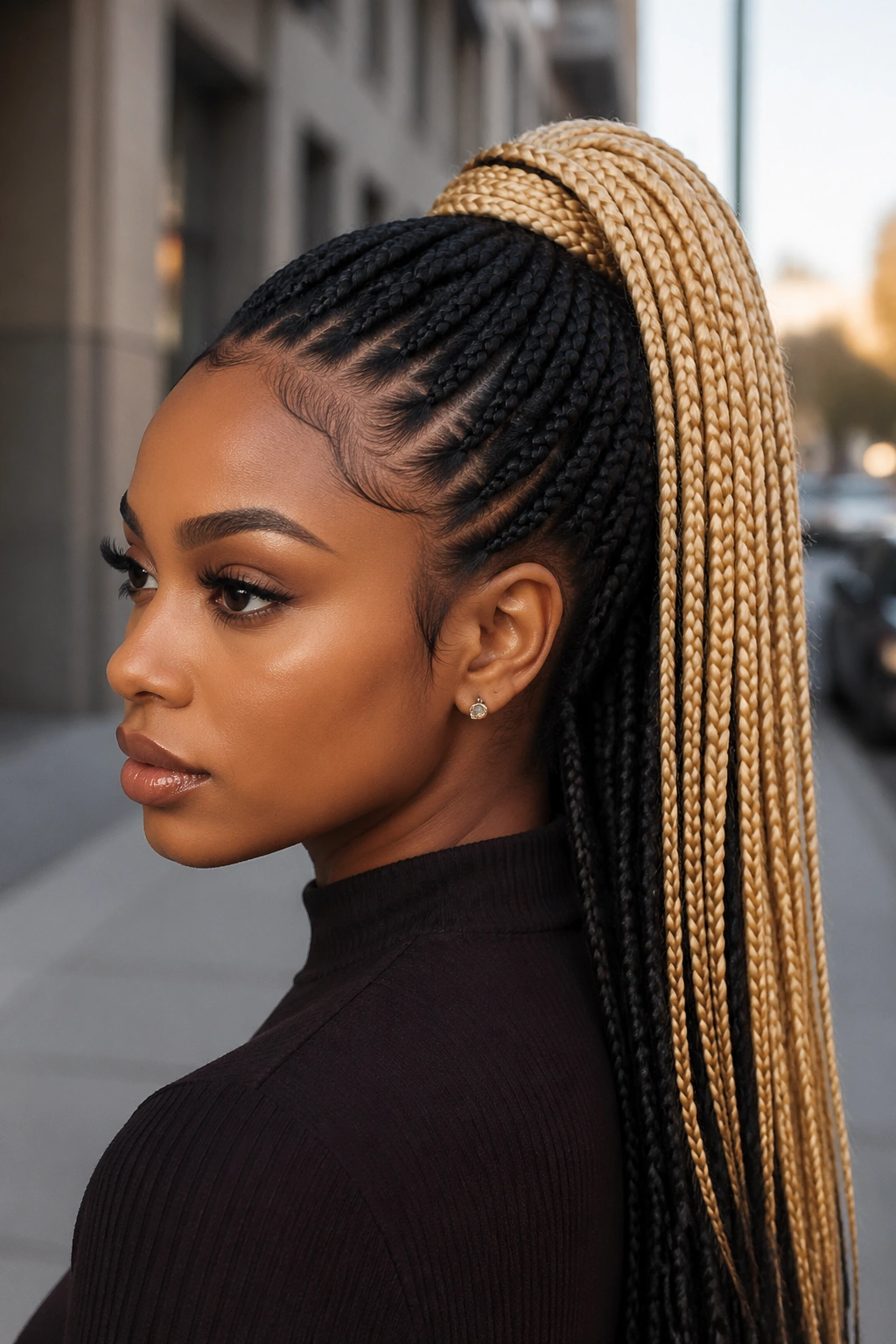 Portrait of a real person with a color-blocked ponytail showing two color blocks.