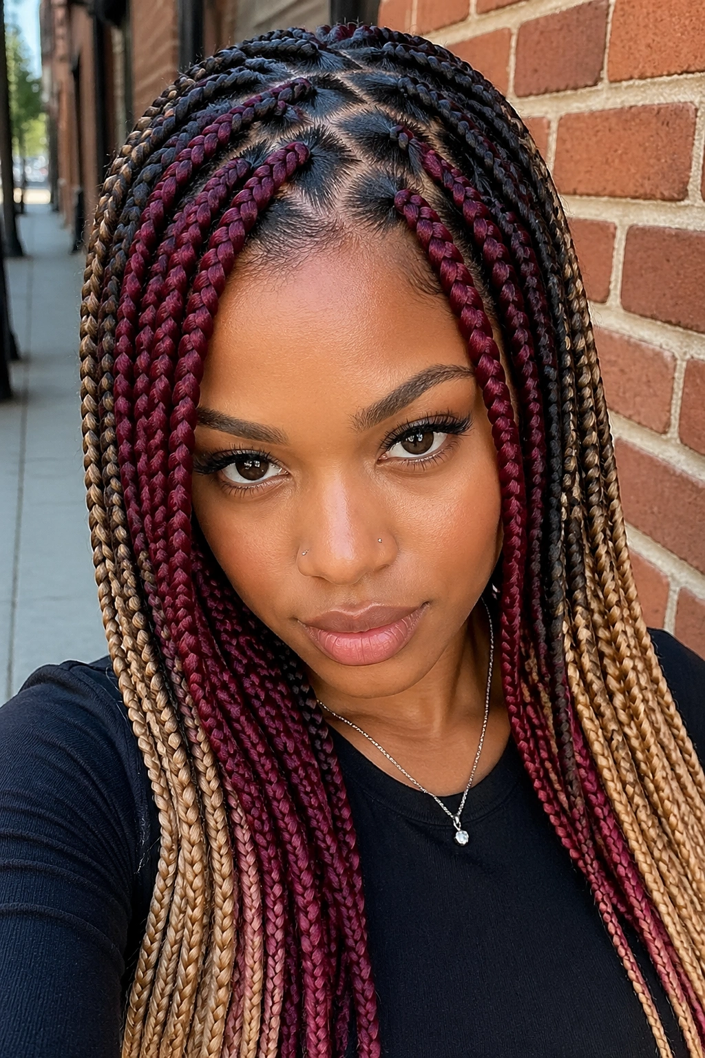 Real person with color-blocked zigzag box braids against brick wall