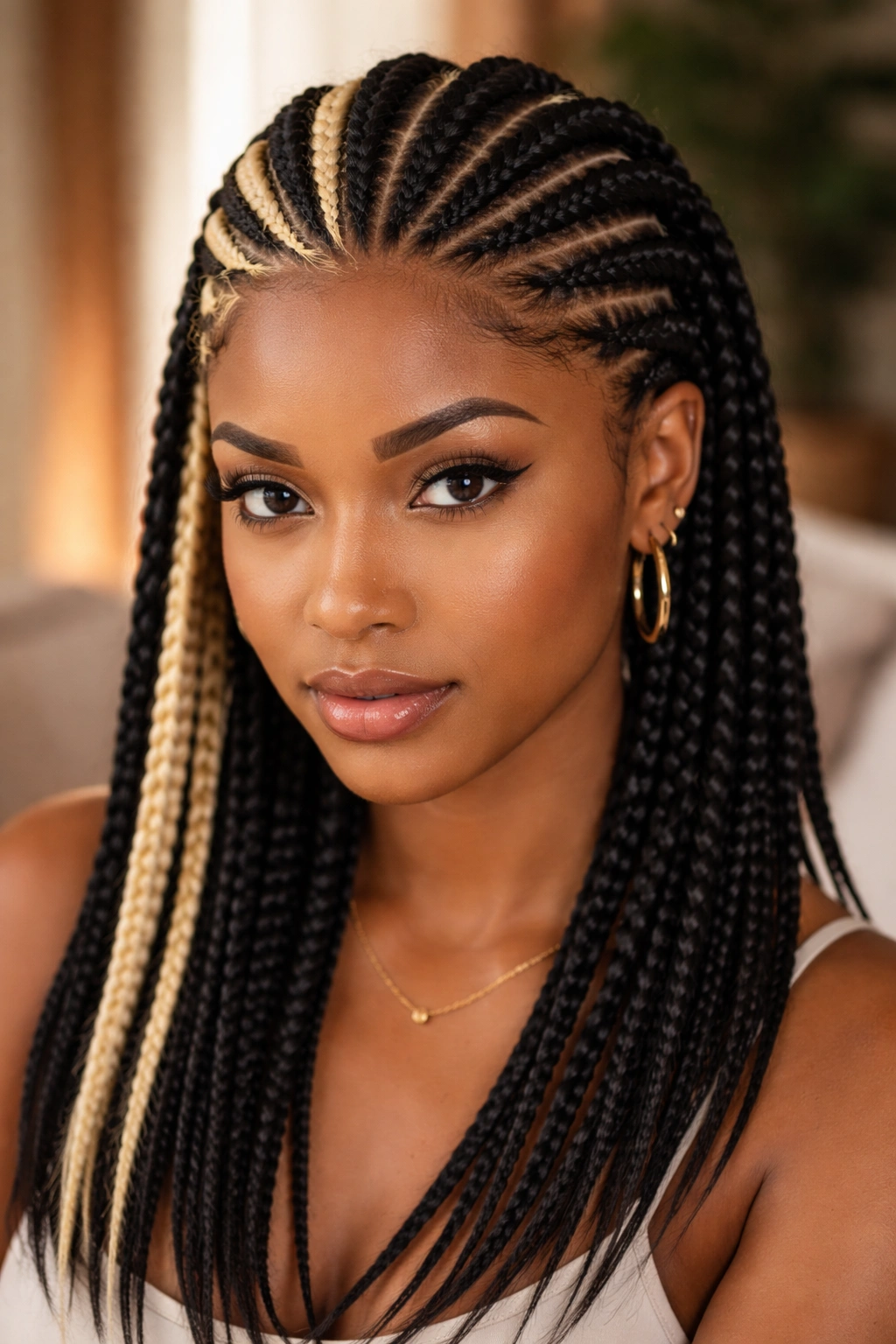 Portrait of a woman with two-tone color-blocked cornrows, front blonde highlights