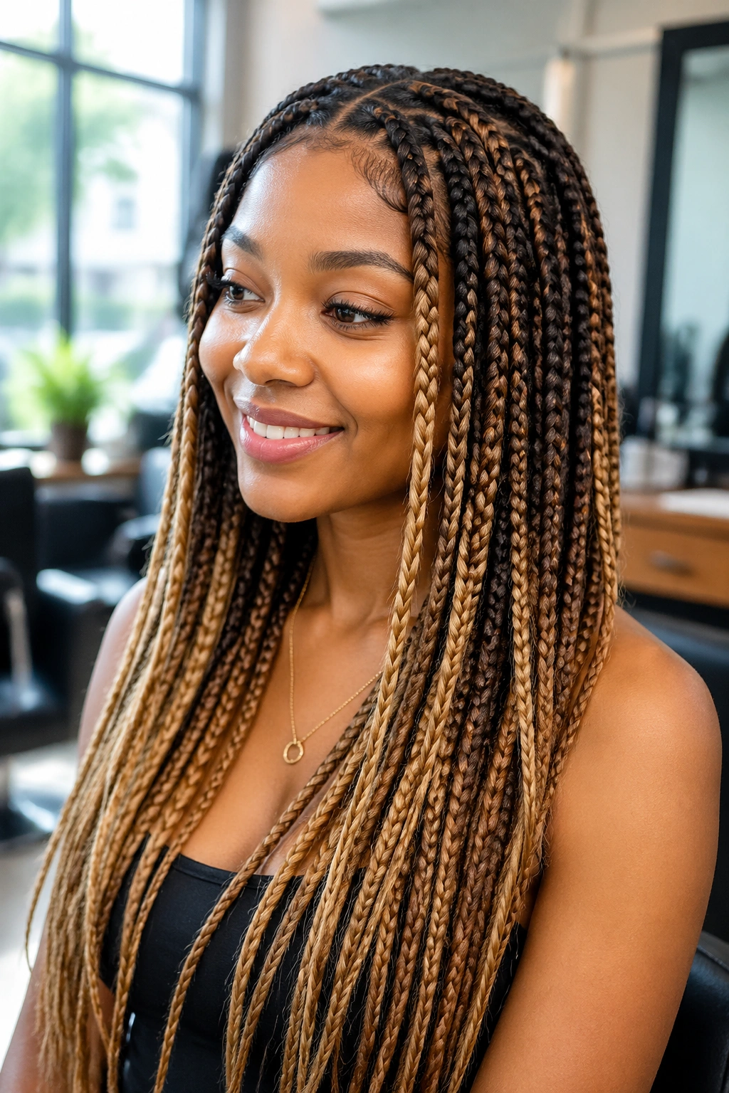 Close-up portrait of a real woman with ombre color braids in a sunlit salon.