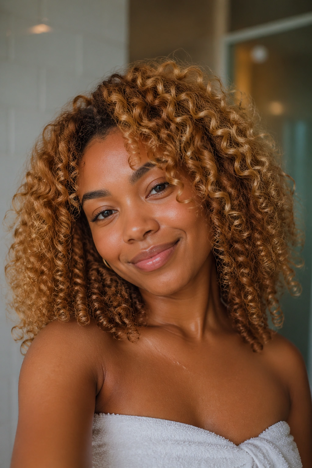 Woman with honey-blonde curls in a bathroom setting showing moisture