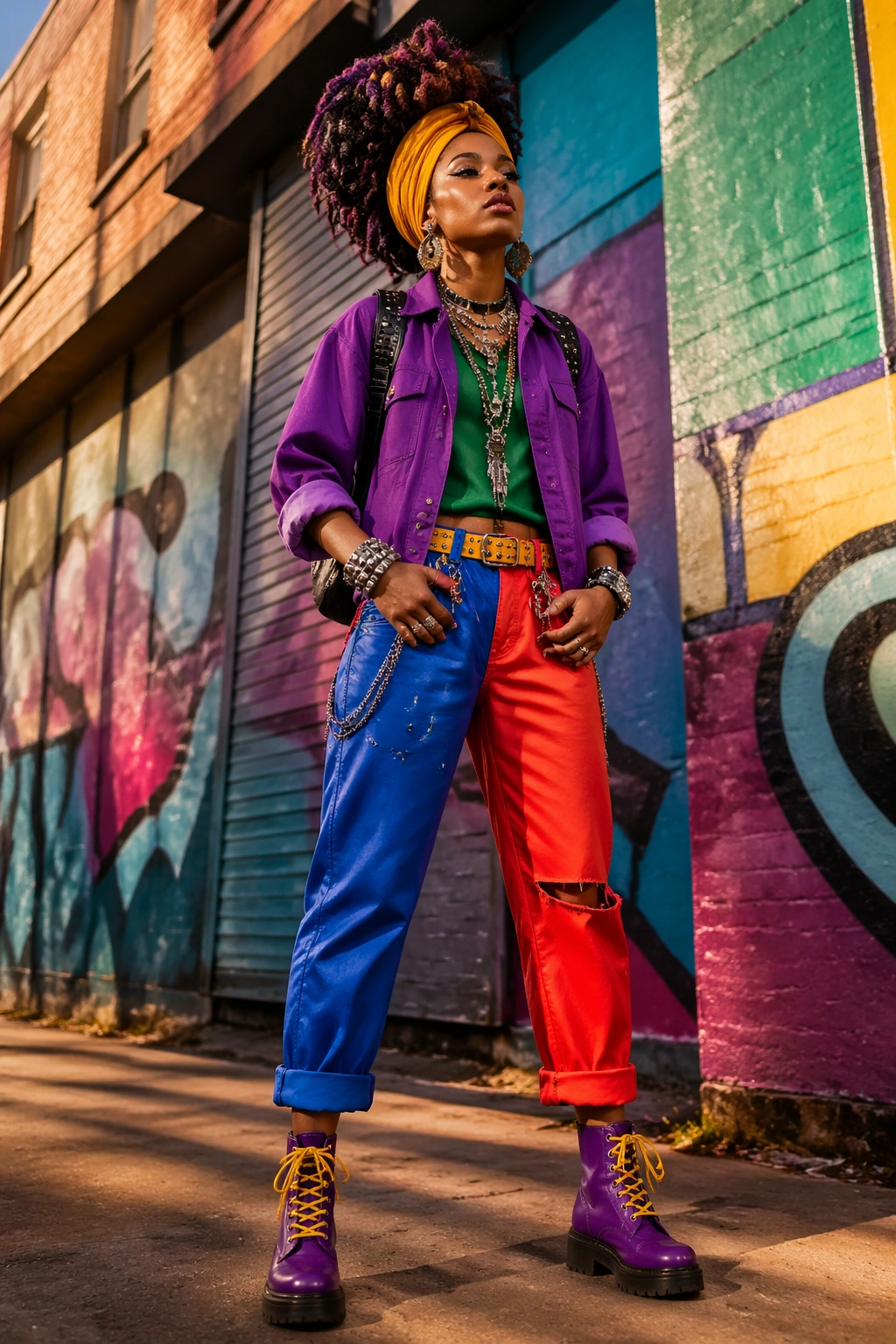 Full-body portrait of a person in a bold color-block Afro Punk outfit on a city street