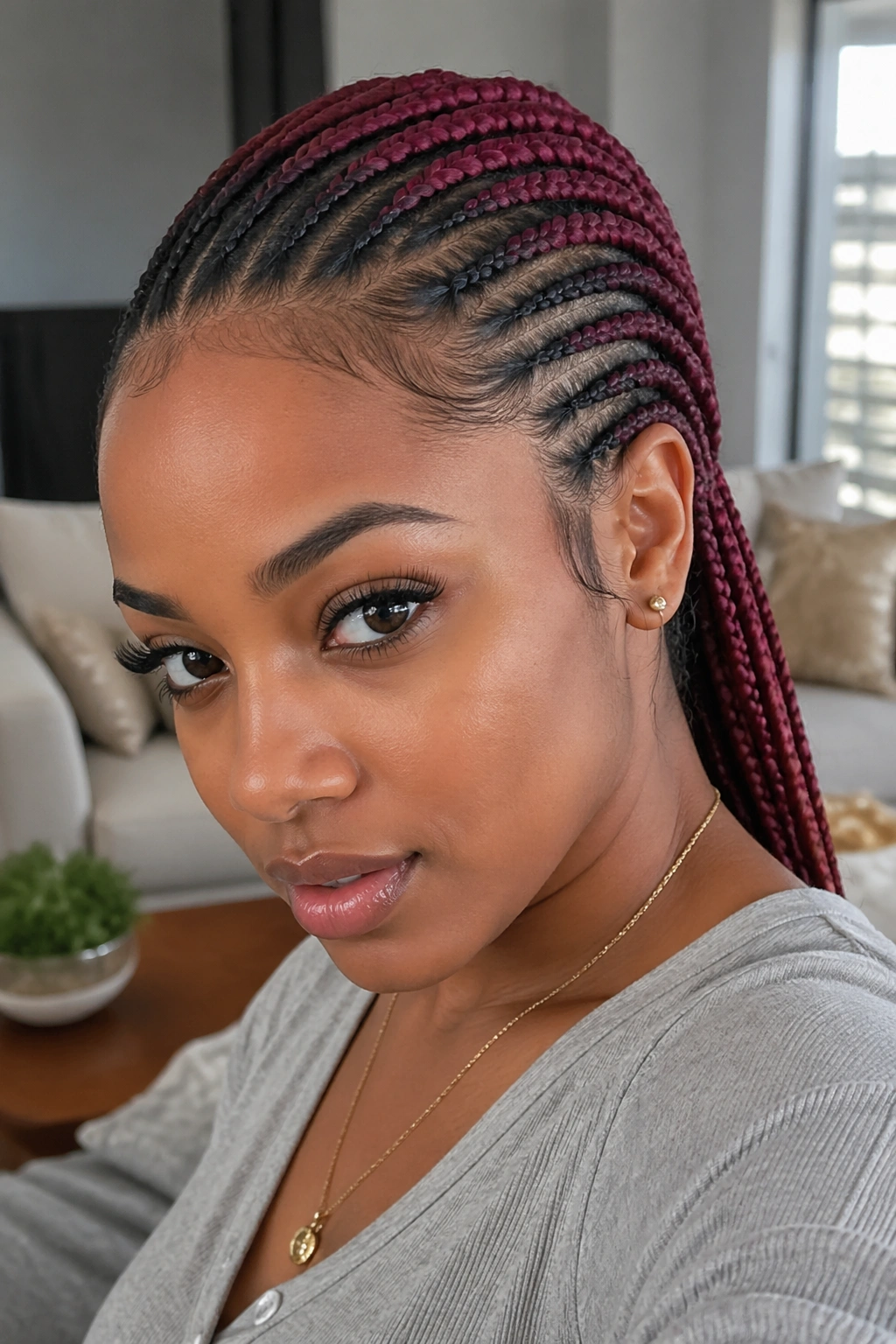 Close-up of a real woman with natural-front color feed-ins and burgundy back color