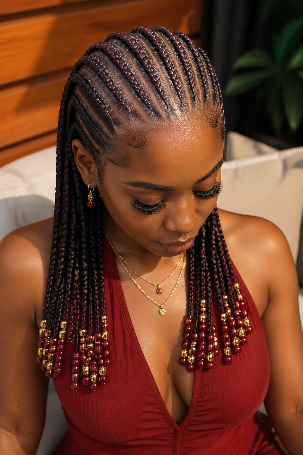 Real woman with color-matched beads and red outfit