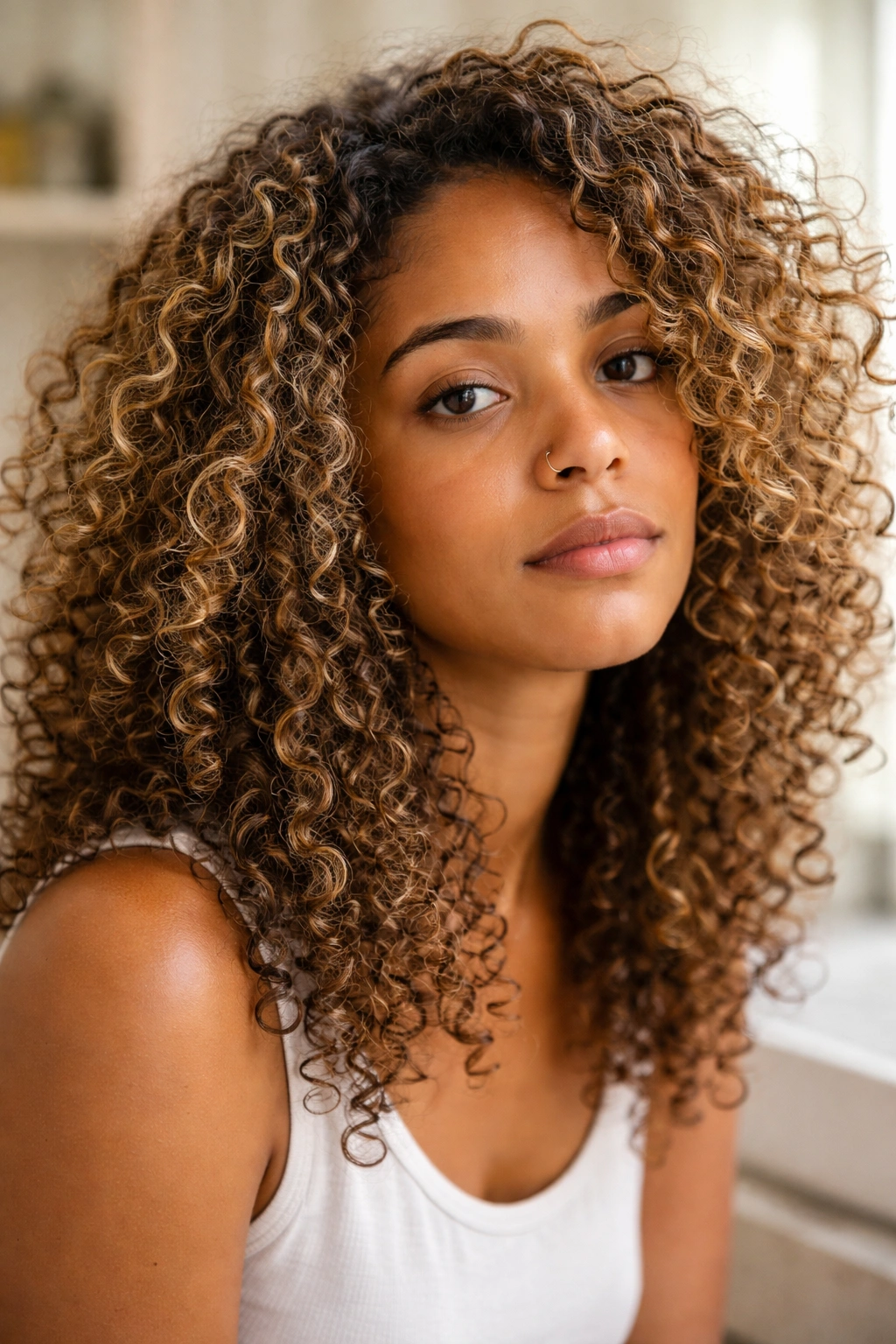 Close-up of curly hair showing dryness and porosity from coloring