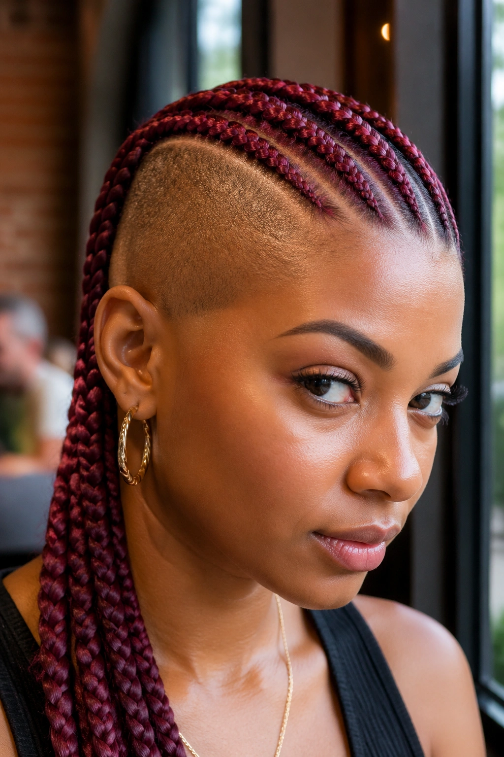 Portrait of a real person with color-dyed cornrows on one side and shaved side.