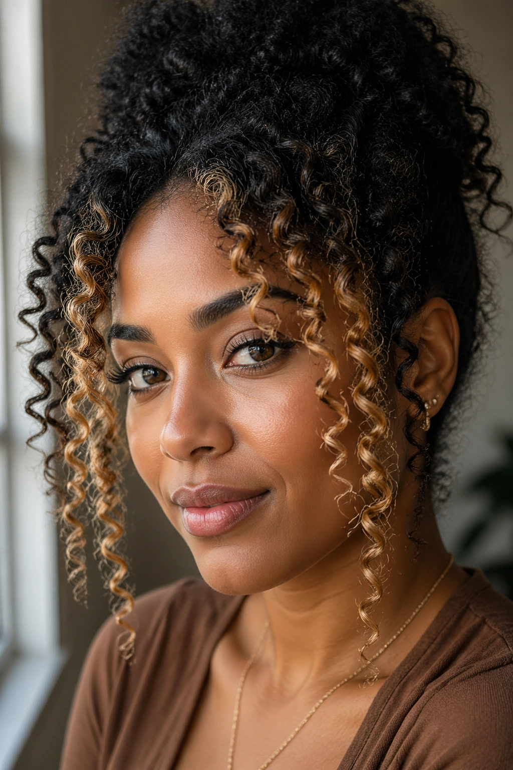 Close-up of a real woman with colored face-framing curls against dark natural hair
