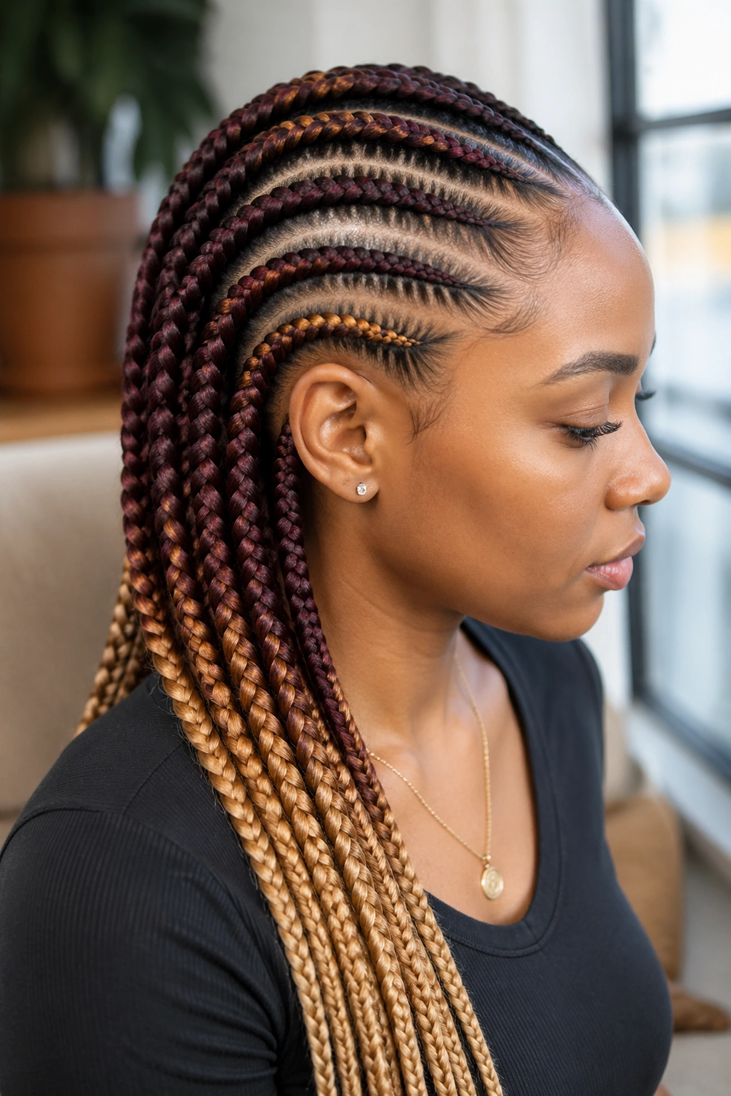 Close-up of a person with gradient color feed-in cornrows, showing depth and weave
