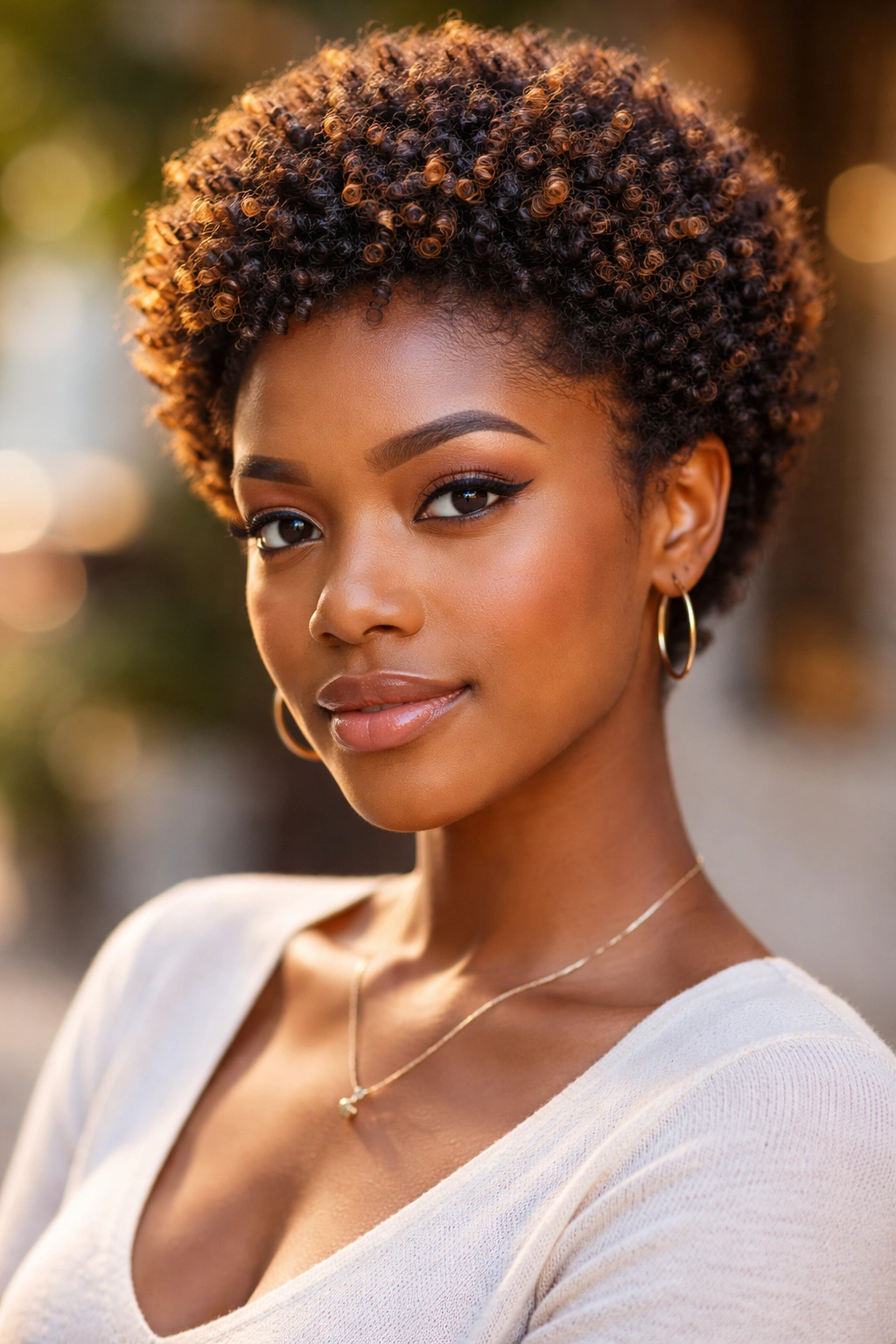 Real person with color-highlighted small afro featuring warm copper and honey tones.