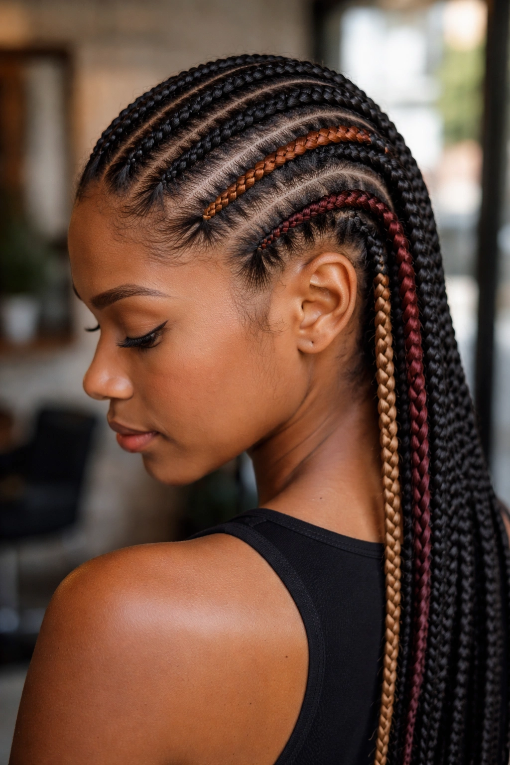 Close-up of real person with color-highlighted straight back cornrows