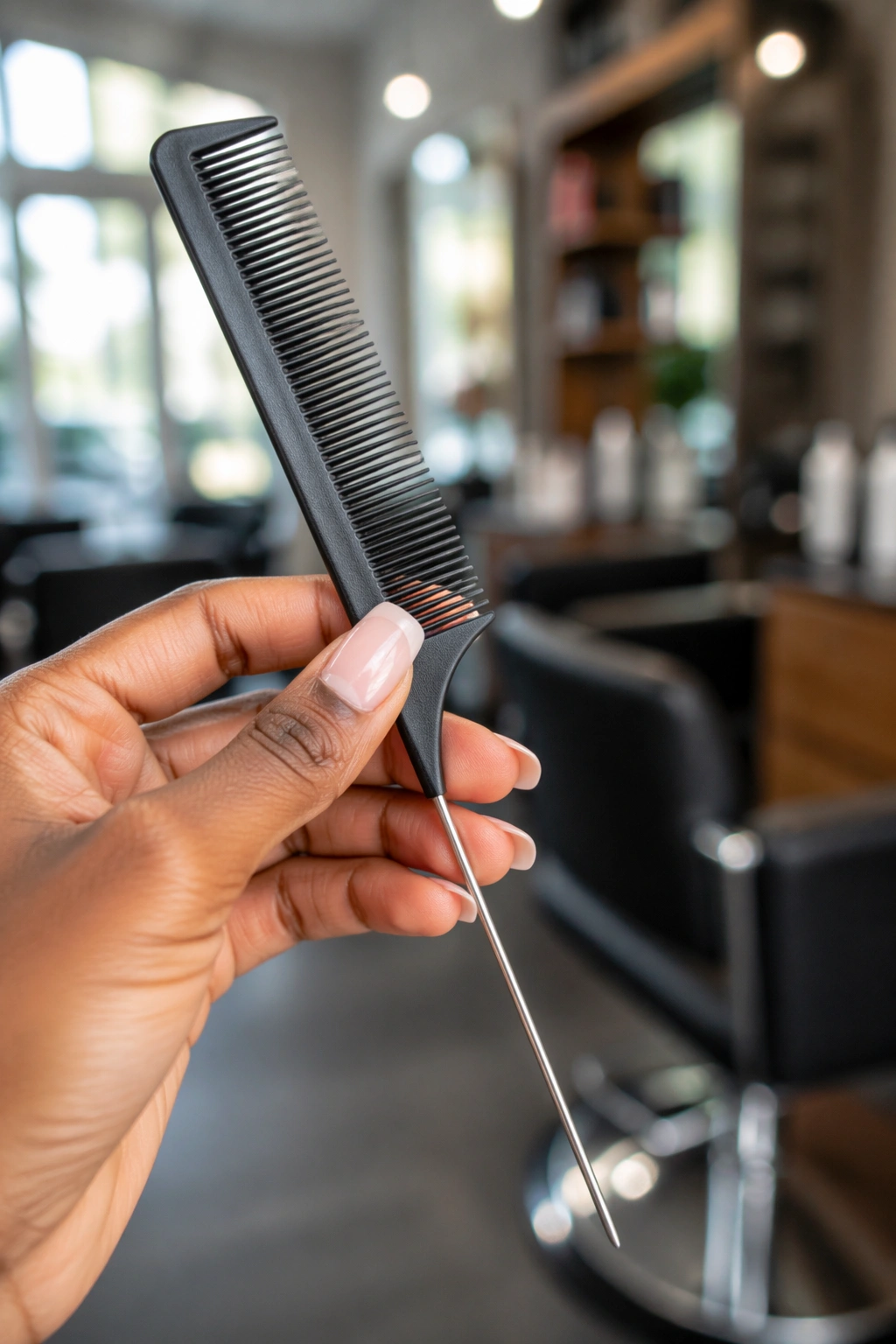 Close-up of a rat-tail comb ready for color installation.