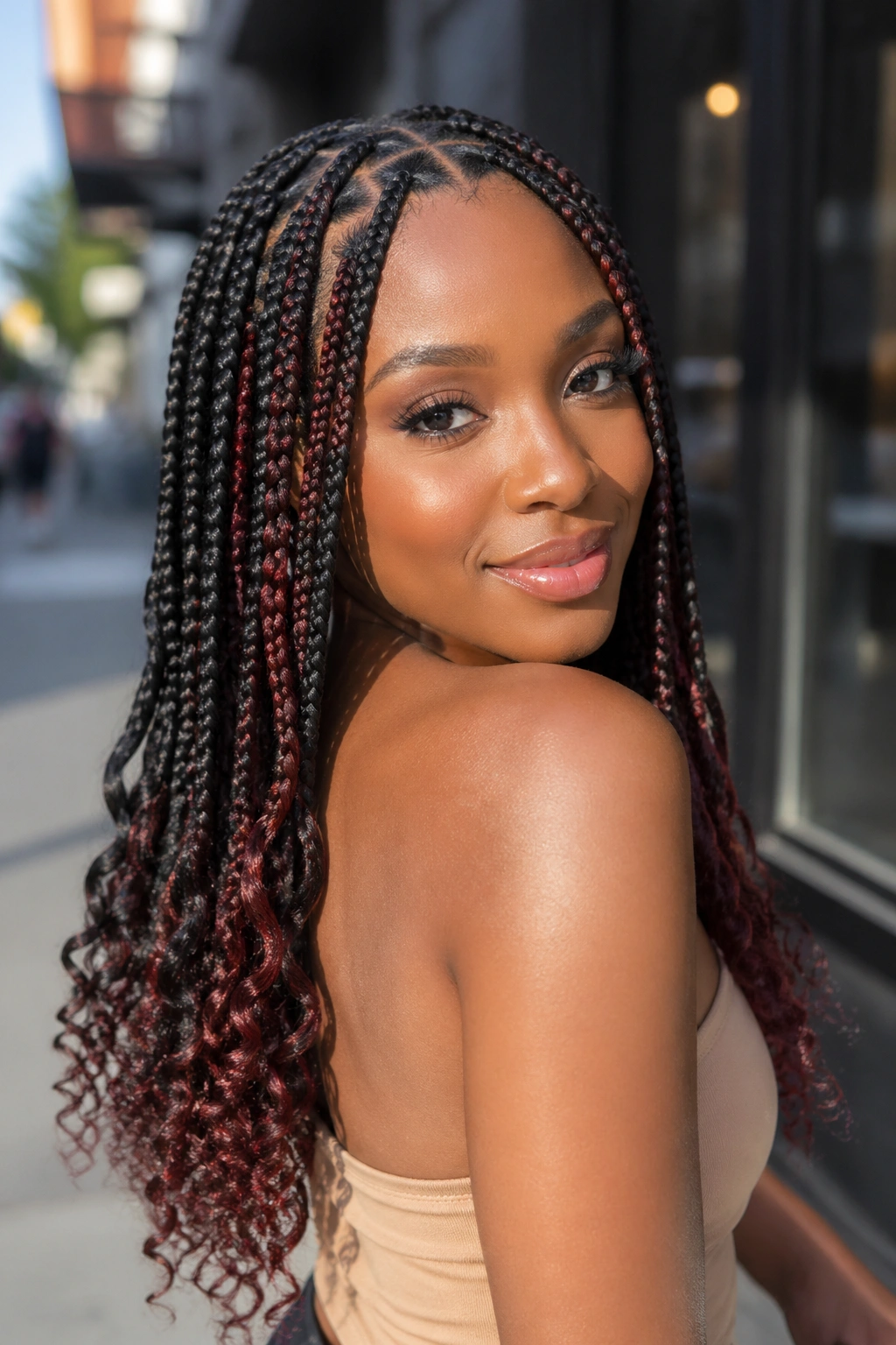 Knotless braids with color and curly ends on a real person