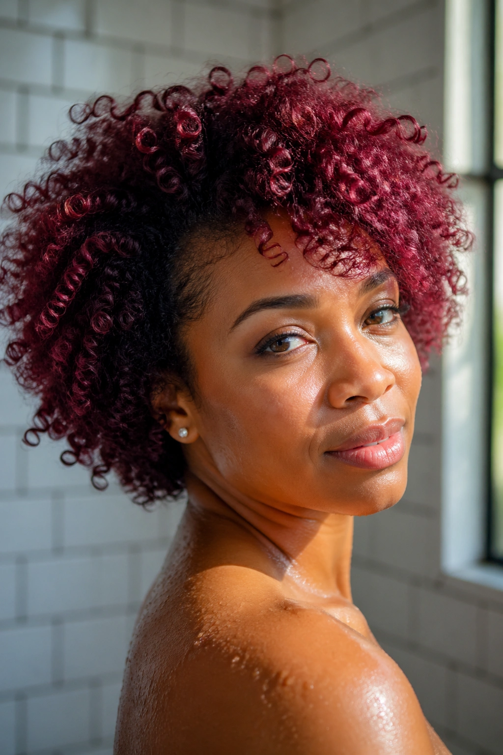 Close-up of a woman with vibrant colored curls in a bathroom showing healthy shine