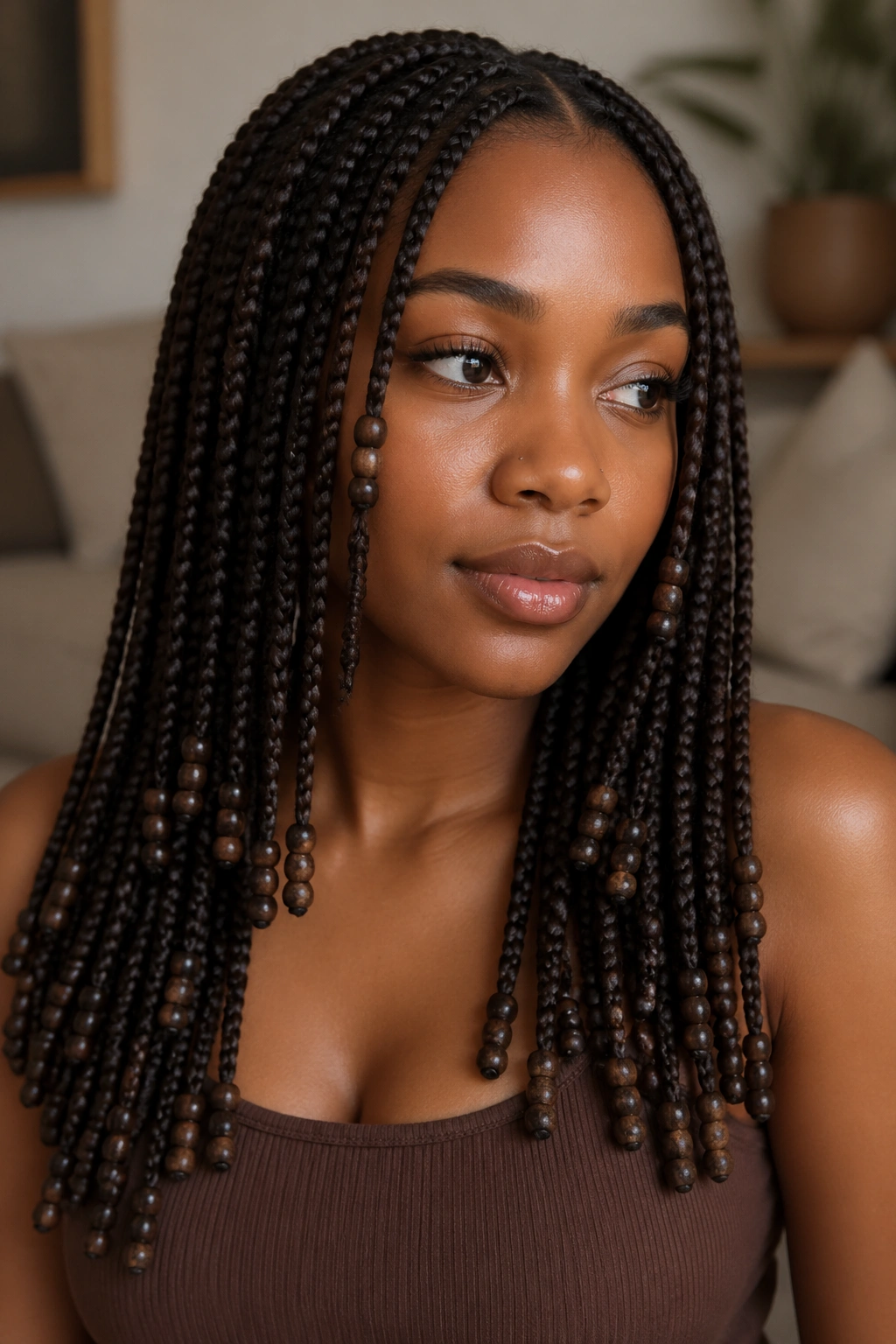 Close-up of a real person wearing color-matched beads on box braids.