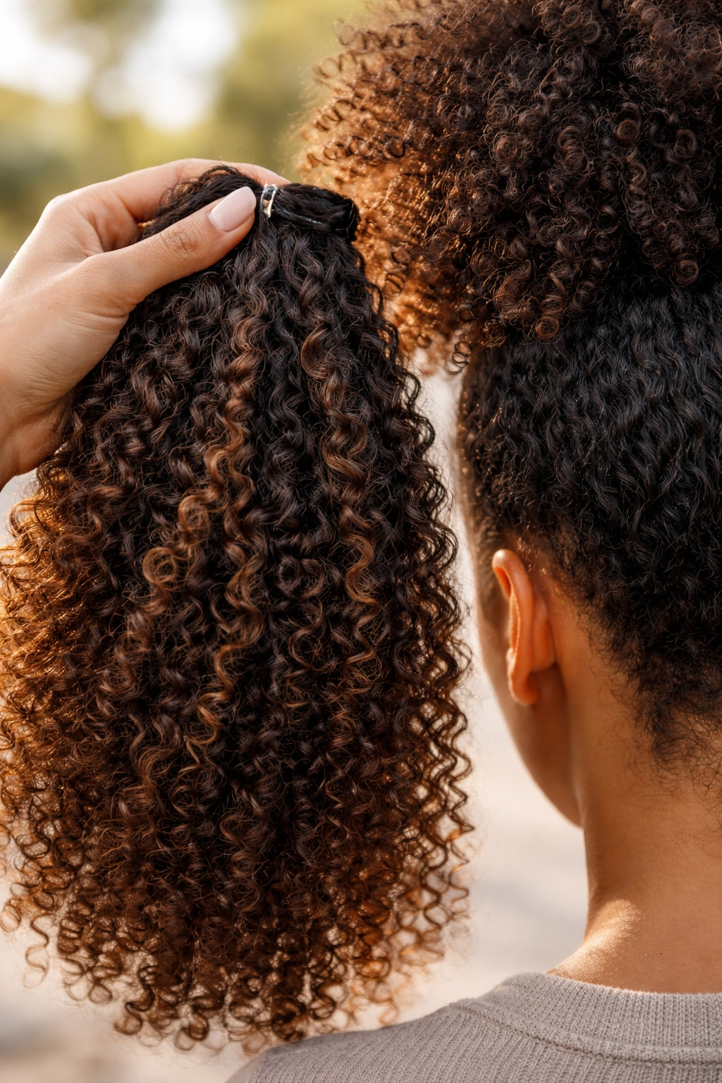 Curly hair extension beside natural hair strand under daylight to compare color
