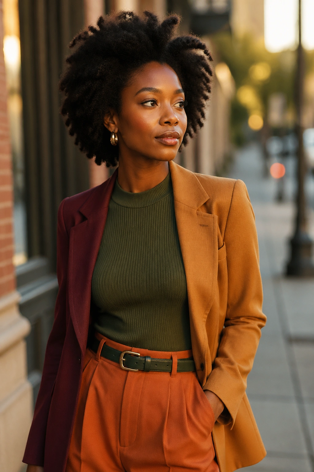 Mid-shot of a woman with natural hair wearing earthy and jewel-tone colors outdoors