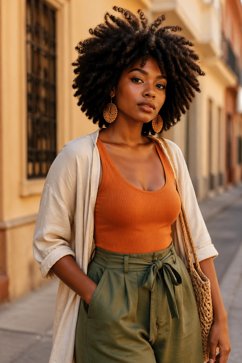 Model wearing warm rust, olive, and cream tones that complement dark hair