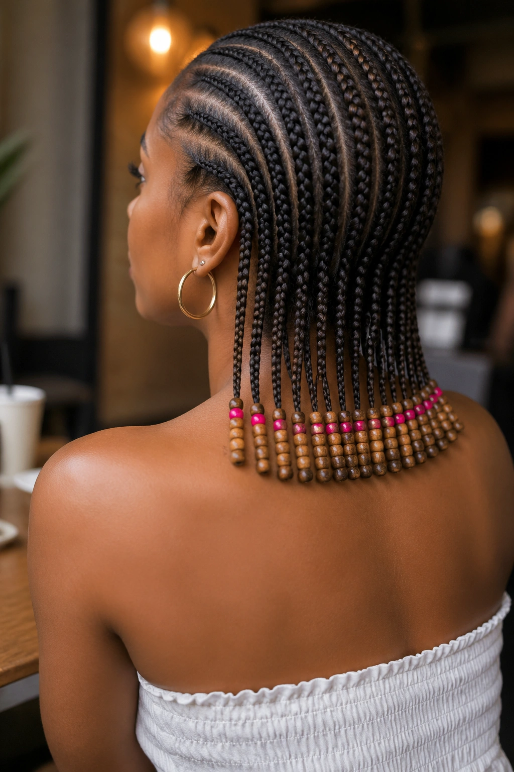 Beads with color pops on straight-back cornrows.