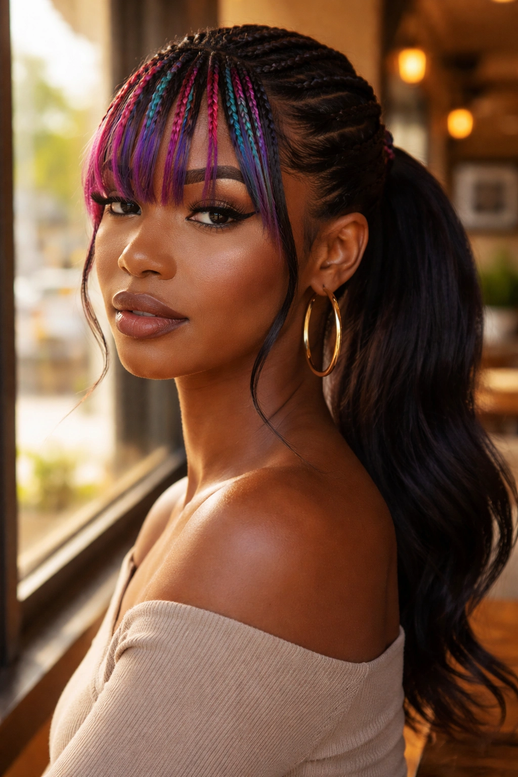 Close-up of a real woman with color-pop braided bangs and low ponytail in cafe window light
