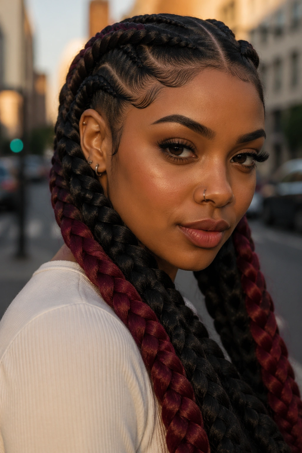 Close-up of a real woman with color-pop twin braids on an urban street at golden hour.