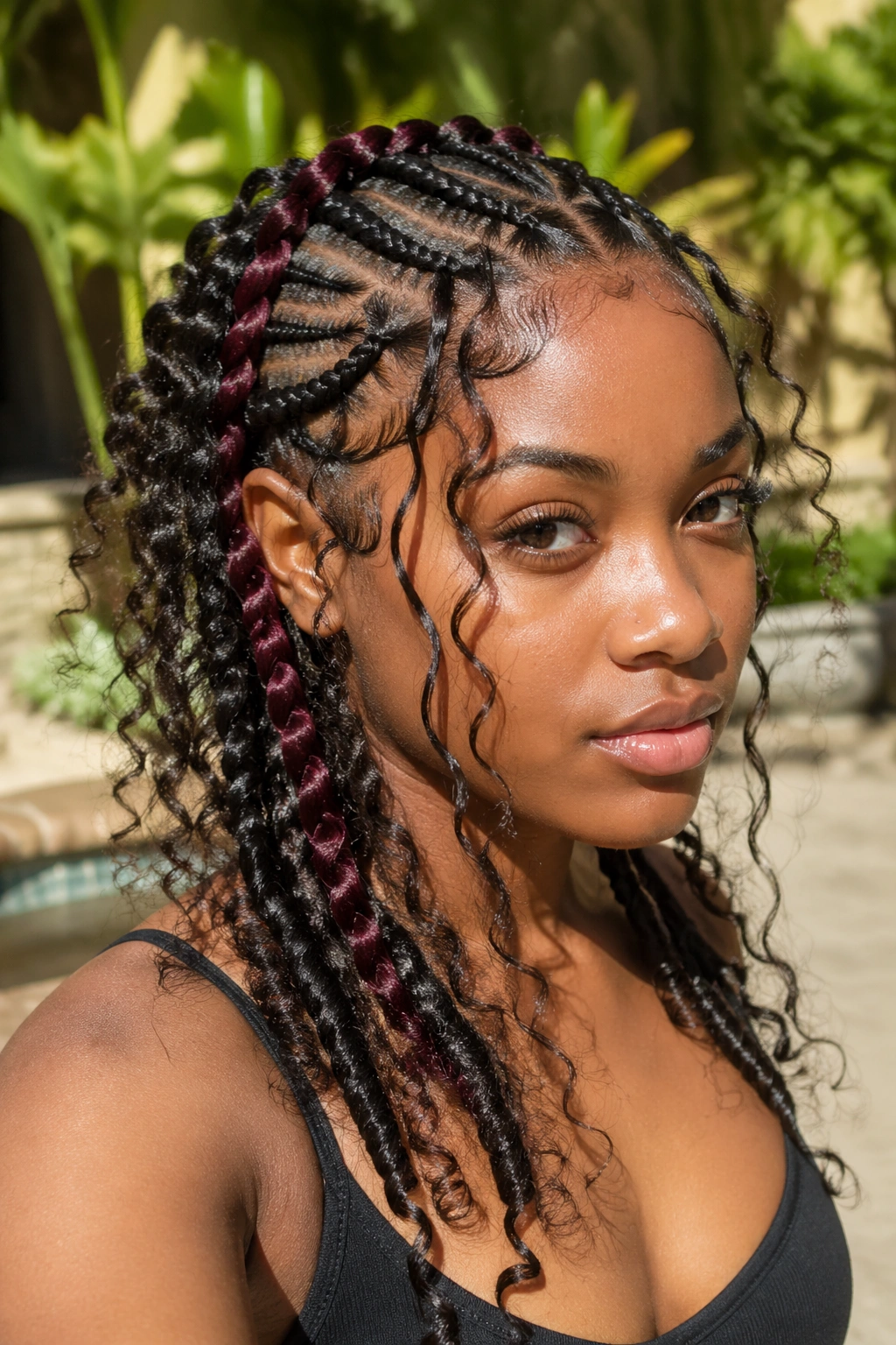 Close-up of butterfly cornrows with a burgundy color pop braid in a sunny outdoor setting