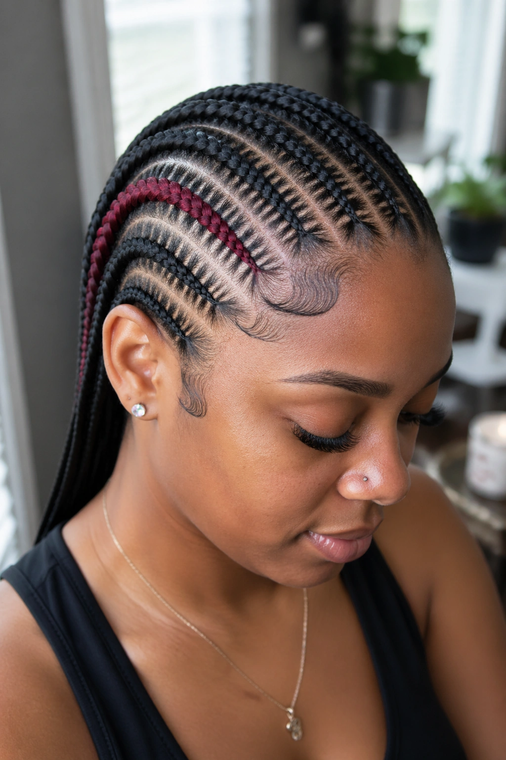 Dark stitched cornrows with a color pop near the face on a real person
