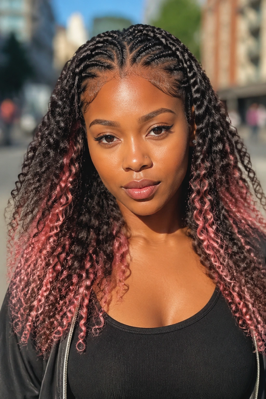 Portrait of a woman with color-pop in loose hair under half cornrows.