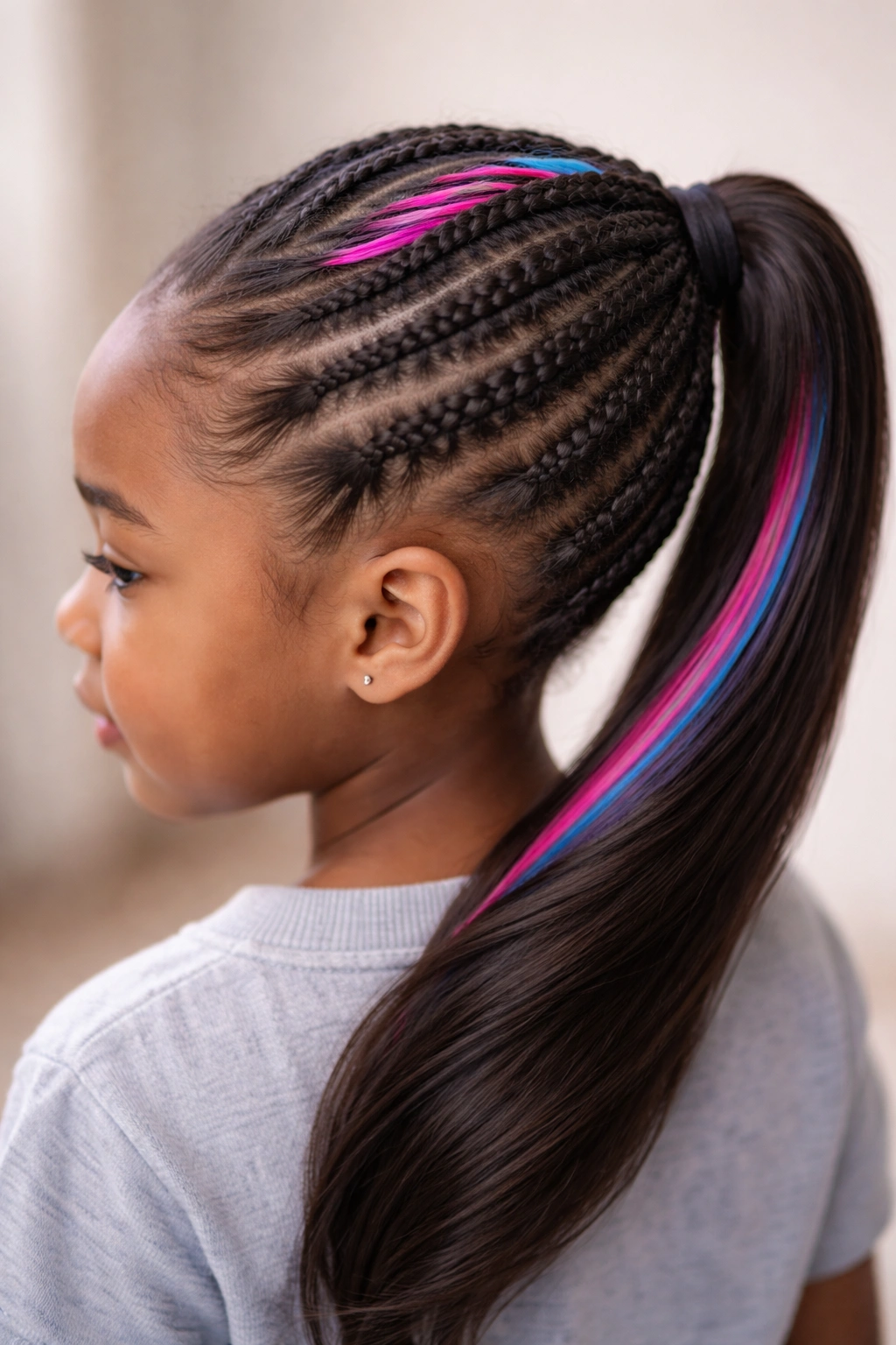 Close-up of a child's feed-in ponytail with a bright color accent strand