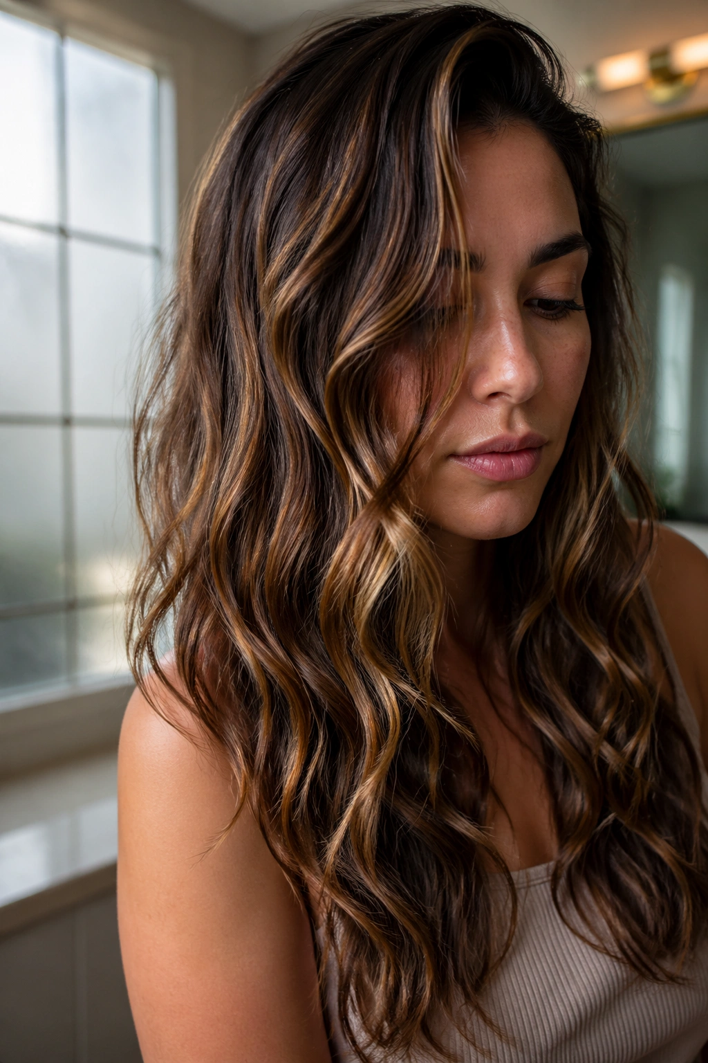 Portrait of a real person with wavy hair in a calm space illustrating color routine