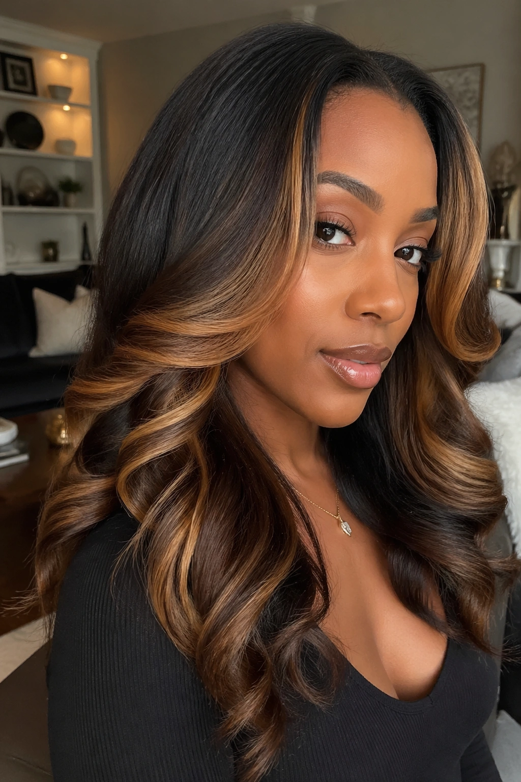 Real woman with color-highlighted body curls on silk press